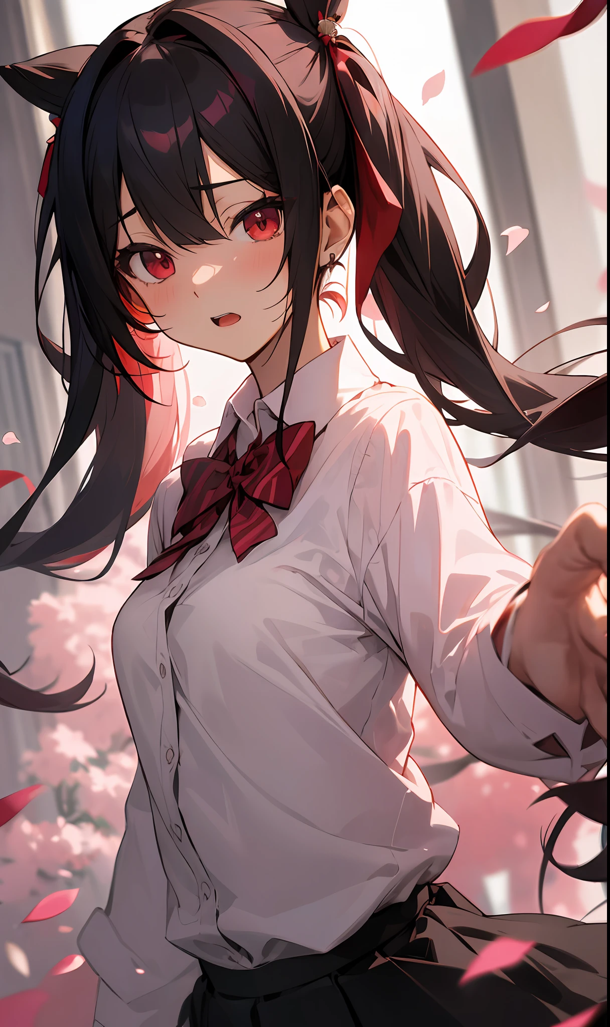 mihari, onimai, (masterpiece, best quality),a girl, solo, twintails, shirt, skirt, petals, bowtie, earrings, jewelry, bangs, black hair, hair ornament, hair ribbon, red ribbon, red eyes, long hair, open mouth, white shirt, multicolored hair, black skirt, red hair, long sleeves, pink bowtie, hair between eyes, looking at viewer, collared shirt, upper body, hand up, falling petals, depth of field, strong bloom, indoors