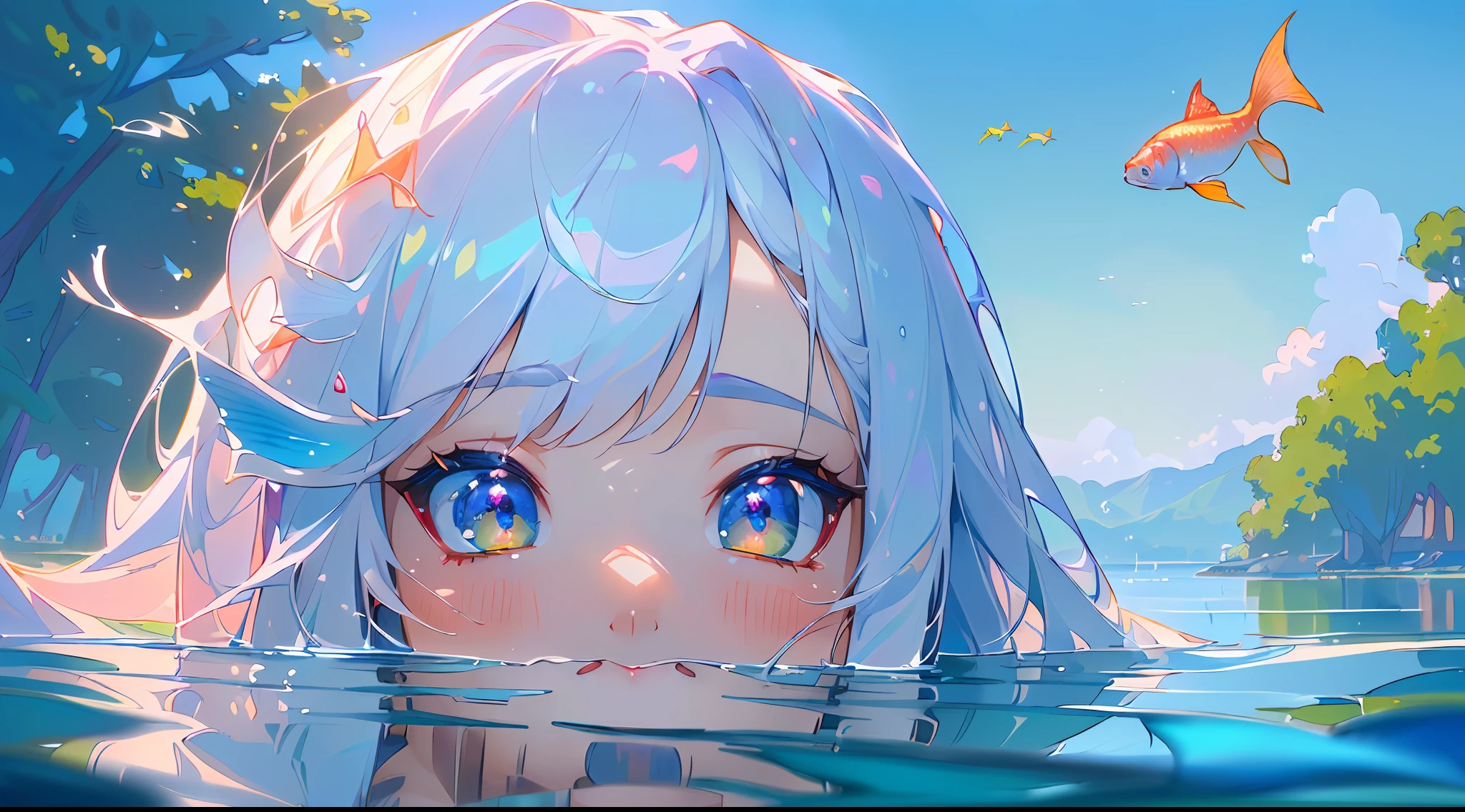 ((Acura), (detailed), (Fantasy illustration: 1.3), cute girl, (fish swimming in the air), white hair, realistic ultra-detailed rendering style, head close-up, pastel colors, (clear lake: 1.3), (high resolution: 1.2), ((masterpiece))
