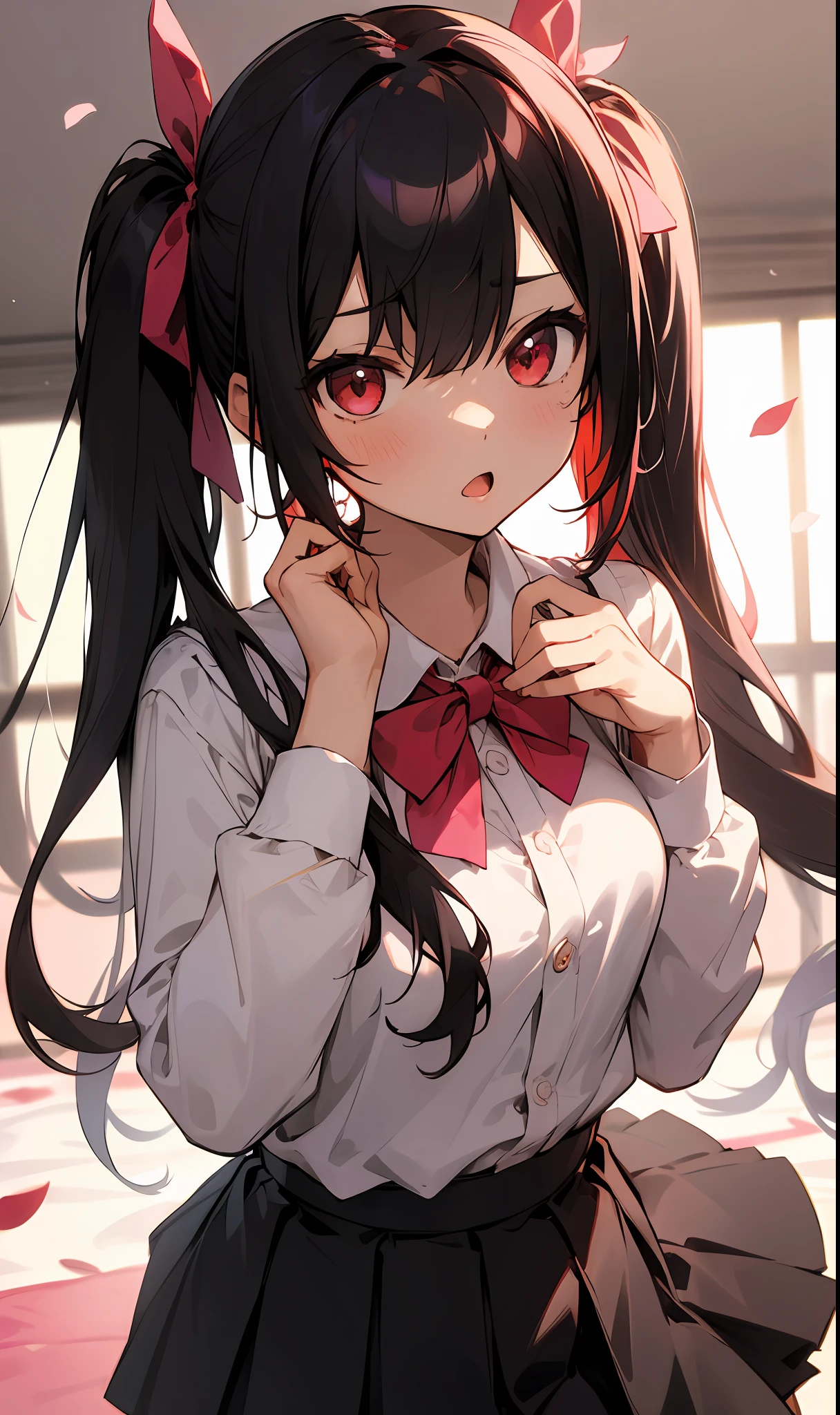 mihari, onimai, (masterpiece, best quality),a girl, solo, twintails, shirt, skirt, petals, bowtie, earrings, jewelry, bangs, black hair, hair ornament, hair ribbon, red ribbon, red eyes, long hair, open mouth, white shirt, multicolored hair, black skirt, red hair, long sleeves, pink bowtie, hair between eyes, looking at viewer, collared shirt, upper body, hand up, falling petals, depth of field, strong bloom, indoors