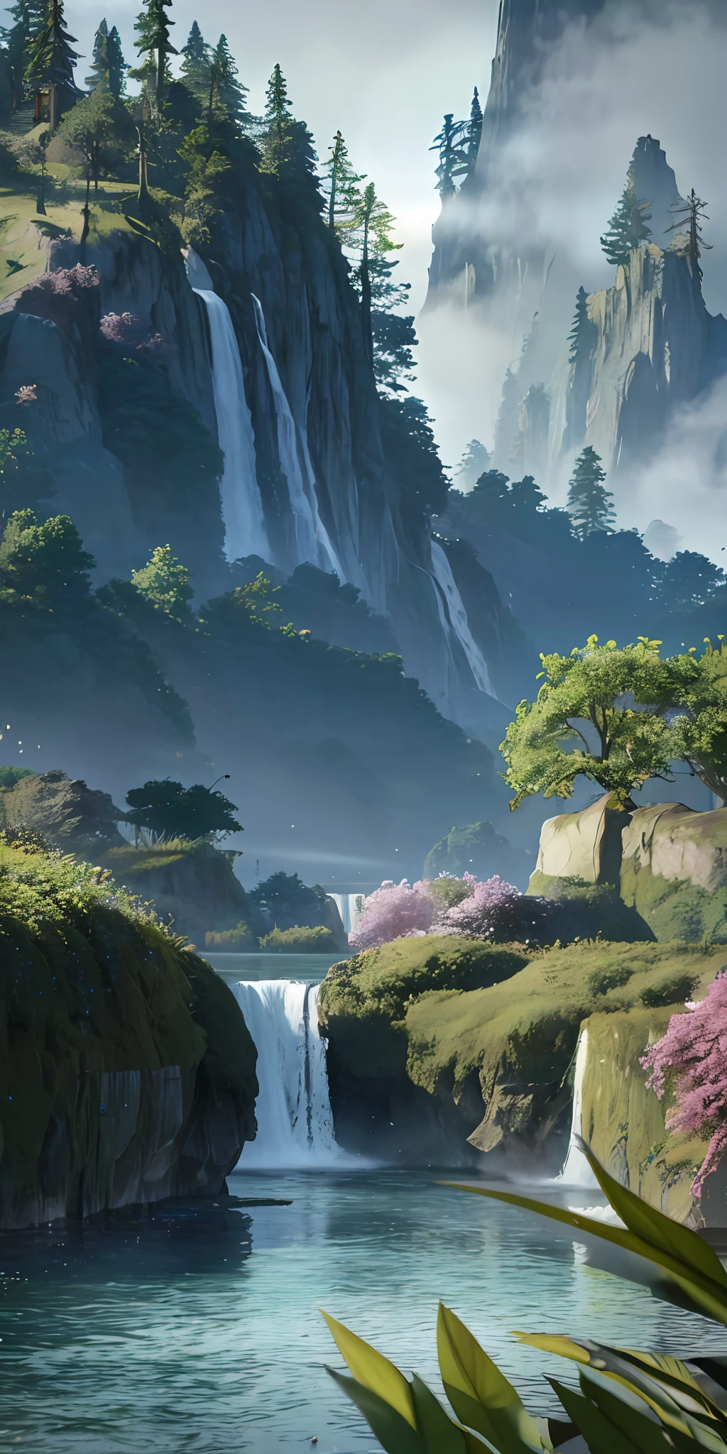 Analog style,ChromaV5,nvinkpunk,(extremely detailed CG unity 8k wallpaper),An image of a majestic river, trees on the sides, tiny waterfall, intense fog ,award winning photography, Chromatic Aberration, Detailed , HDR, Bloom, style by Monet, Pissarro, and Sisley ,trending on ArtStation, trending on CGSociety, art by midjourney
