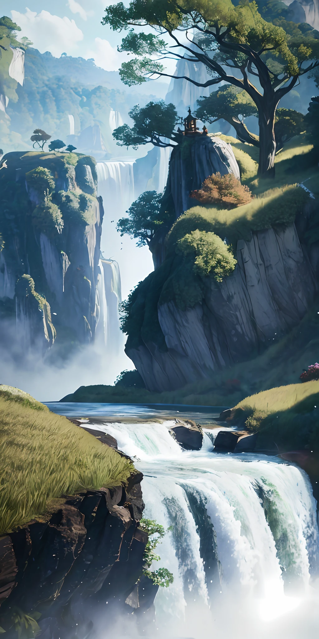 A painting of a waterfall with a man standing on top of it - SeaArt AI