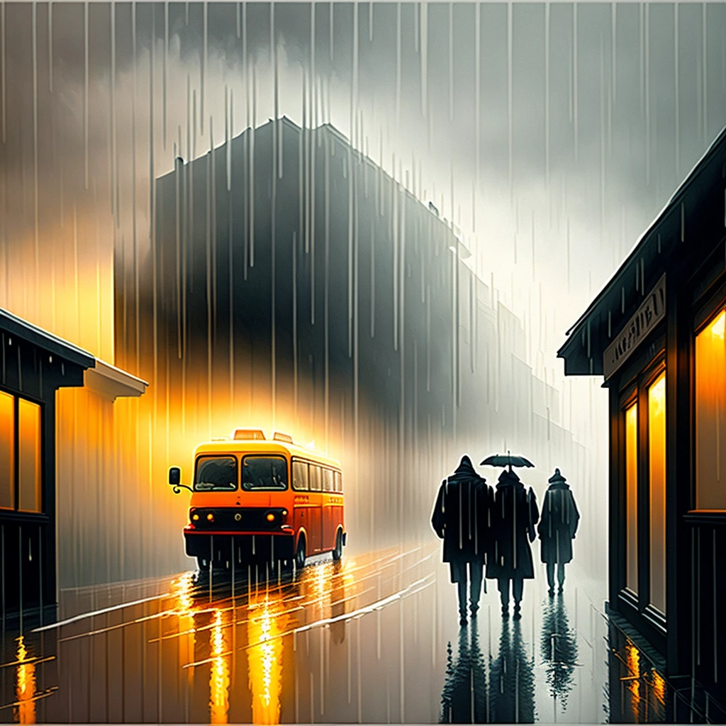 modern art painting,bold brushstrokes,fog,rain,street view,sunbeams,perfect composition,masterpiece