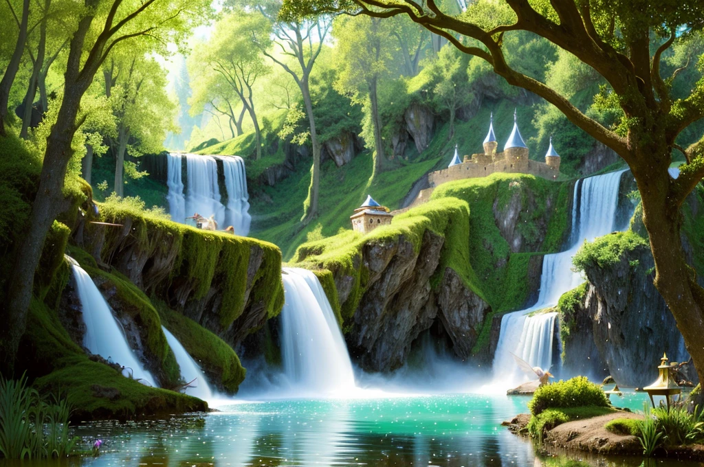 (fairy tale world), castles, floating island waterfalls, all kinds of magical creatures. Beautiful fairies, knights, elves, dwarfs. Mysterious forests, enchanted castles, fabulous kingdoms. Realism, chiaroscuro, cinematic lighting, 135mm, panorama, best quality, high details, UHD, masterpiece