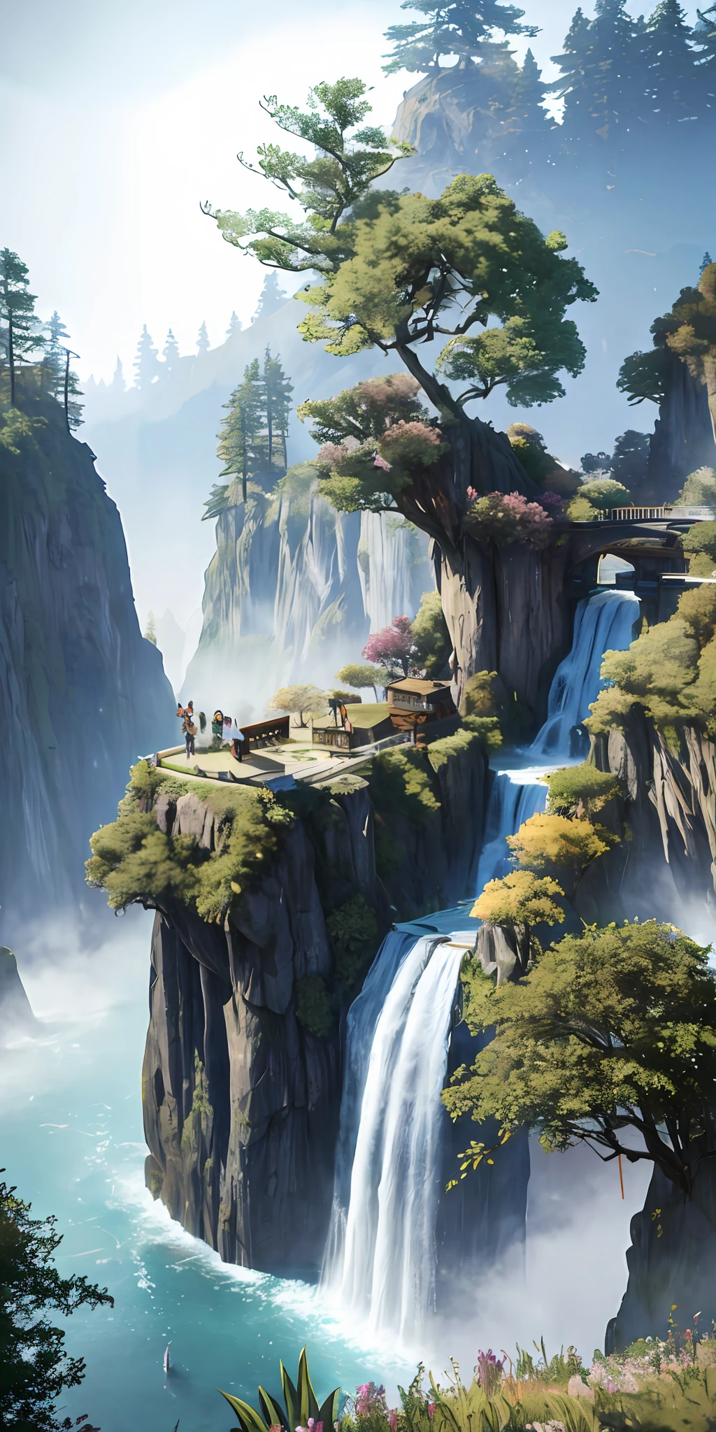 Analog style,ChromaV5,nvinkpunk,(extremely detailed CG unity 8k wallpaper),An image of a majestic river, trees on the sides, tiny waterfall, intense fog ,award winning photography, Chromatic Aberration, Detailed , HDR, Bloom, style by Monet, Pissarro, and Sisley ,trending on ArtStation, trending on CGSociety, art by midjourney
