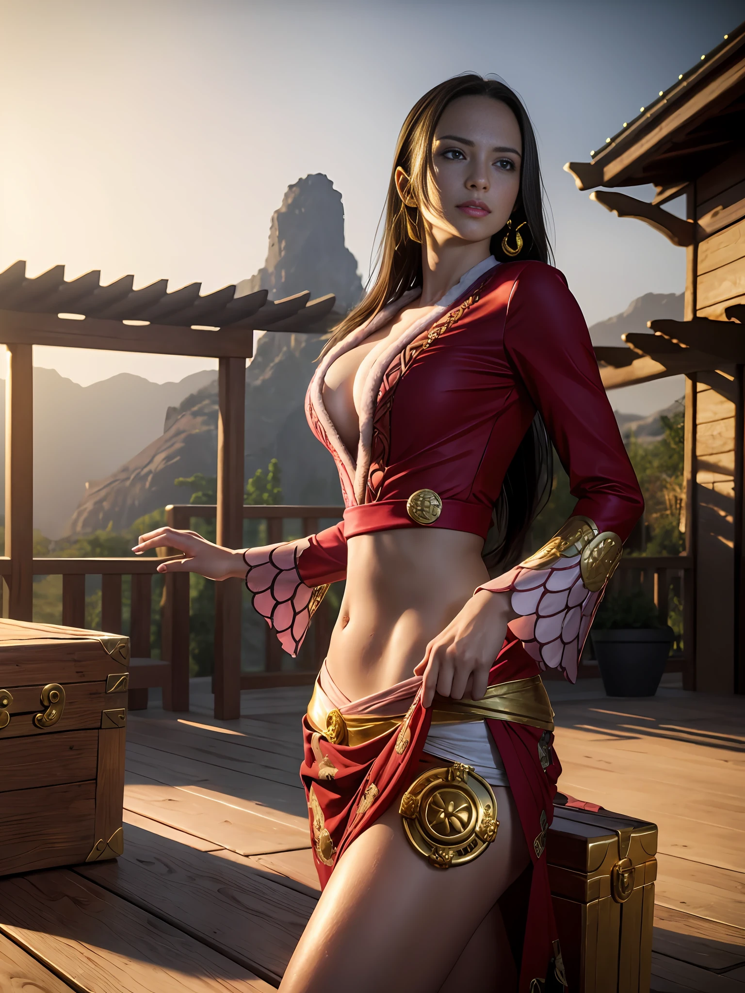 extremely beautiful hancock1, boa hancock, subtle makeup, golden hour, photorealistic, high contrast, 8k HD, detailed, hyper-detailed, realistic skin texture, long hair, crop top, side slit, long sleeves, large breast, best quality, ultra high res, raw photo, dramatic lighting, unreal engine, diffuse glow, dynamic pose, outdoor, realistic detailed wooden floor, treasure chest, gold, gold coins, gold bars.