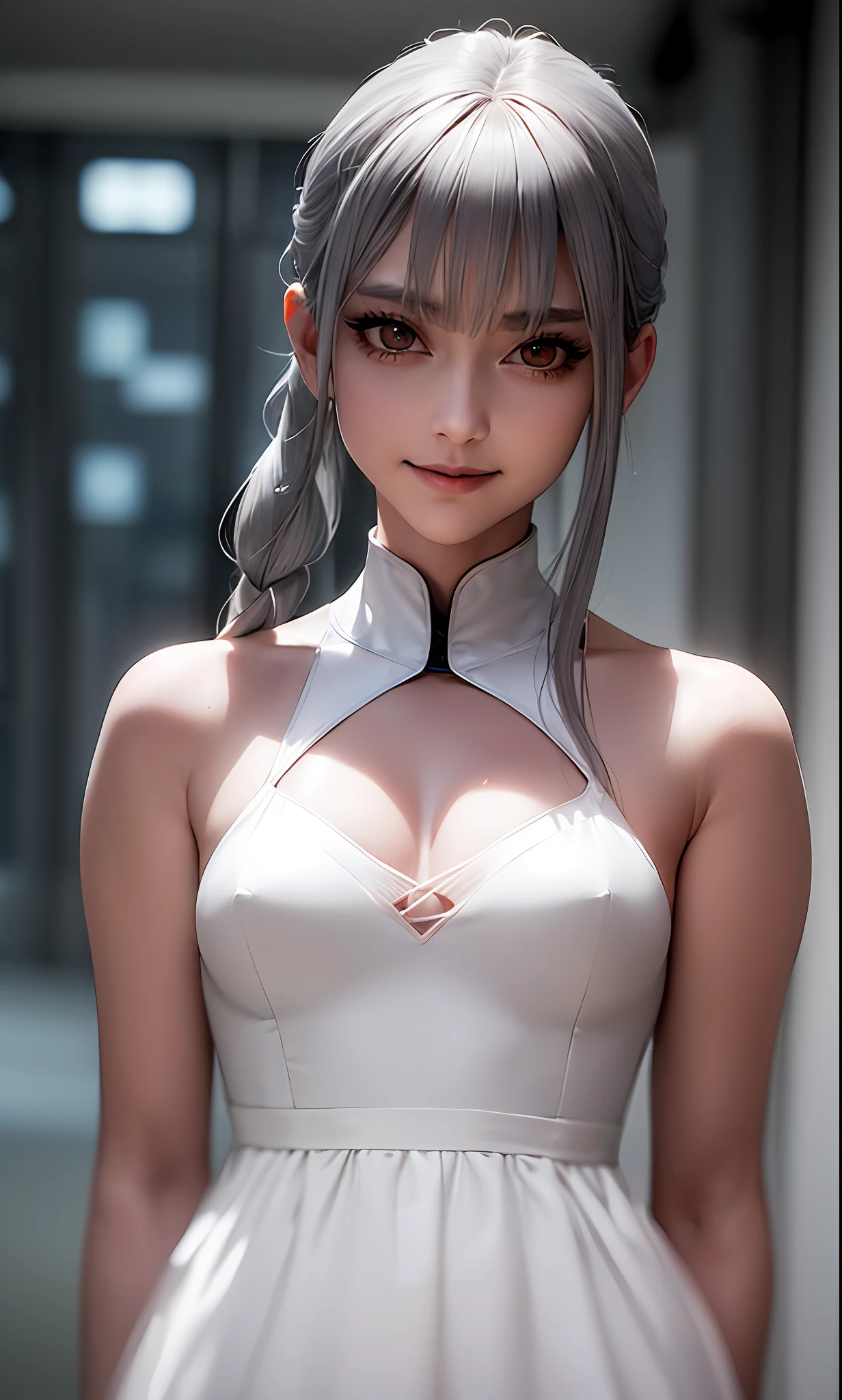 ((grey hair)), high ponytail,,heavy makeup, cute, technological sense,8k, best quality, masterpiece, illustration, an extremely delicate and beautiful, extremely detailed ,CG ,unity ,wallpaper, Amazing, finely detail, masterpiece,best quality,official art, extremely detailed CG unity 8k wallpaper,((smile)),tomboy,((Big eyes)),((perfect eyes)),highly detailed, sharp focus,rich background,, looking at viewer, breasts, blurry background, small breasts, bangs, bare shoulders, white dress, dress, realistic, in the cyberpunk city, strong rim light, in summer,