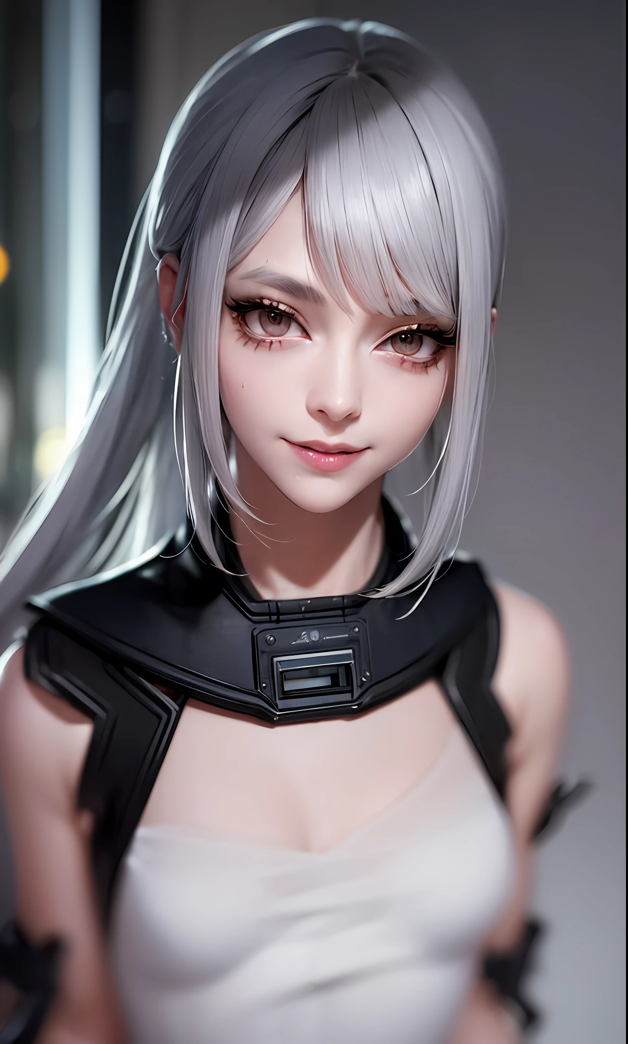 ((grey hair)), high ponytail,,heavy makeup, cute, technological sense,8k, best quality, masterpiece, illustration, an extremely delicate and beautiful, extremely detailed ,CG ,unity ,wallpaper, Amazing, finely detail, masterpiece,best quality,official art, extremely detailed CG unity 8k wallpaper,((smile)),tomboy,((Big eyes)),((perfect eyes)),highly detailed, sharp focus,rich background,li, looking at viewer, breasts, blurry background, small breasts, bangs, bare shoulders, white dress, dress, realistic, in the cyberpunk city, strong rim light, in summer,