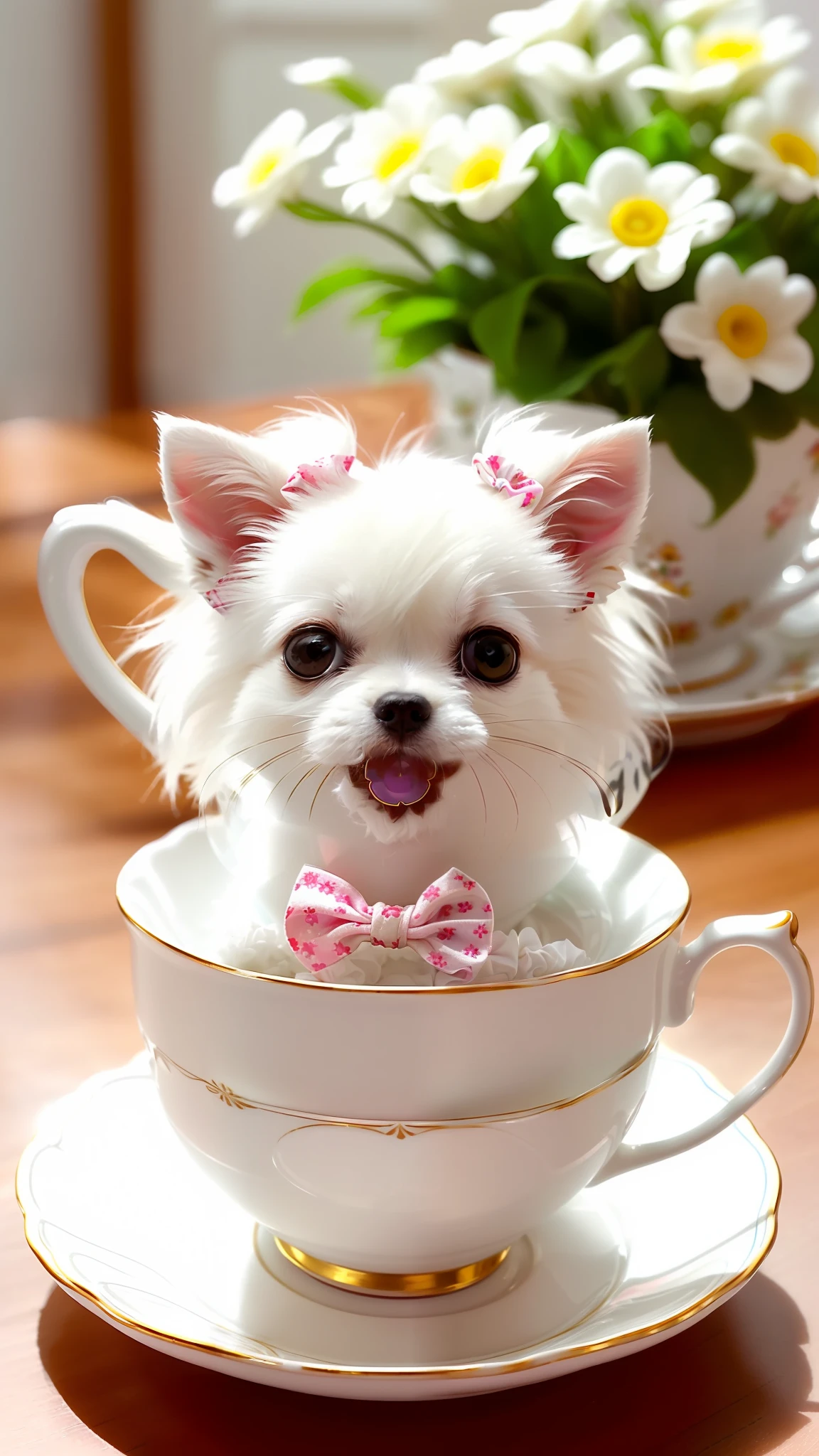 Cute little white Chihuahua in a teacup, big eyes, 8k, delicate, clear, (((real)), paws sticking out of teacup, sticking out tongue, ((cute)), ((small)), professional photographer, professional photography, (((hair is fluffy)), antique and stylish teacups and plates, (face sticking out of teacup), indoors, sunlight, light leak, Reality like photo, ribbon, wearing scrunchies on ears, white, like photo