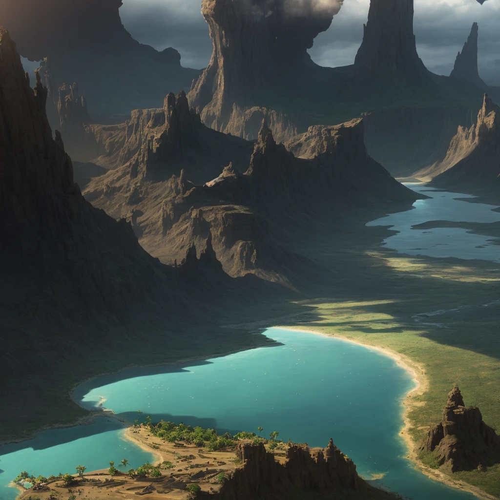 Alafid view of Big Island with river, woods, sandy beaches, grasslands, mesas, mountains, game map mask painting, concept art highly detailed, Final Fantasy VLL world concept, Dota frosted painting concept art, highly realistic concept art, Dota! Matte Painting Concept Art, Highly Detailed Concept Art, Conceptual World Art, Matte Painting Mysterious Dota Pixar, 3D Rendering and Matte Painting, Clean, Clear, Road Planning,