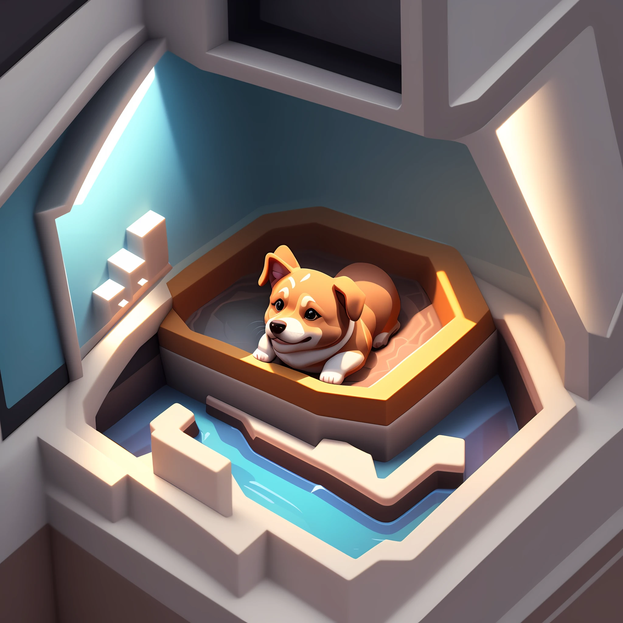 isometric style, detailed 2d illustration, poly art, stylized 3d rendering, dog room, dog's room, dog's habitat, 3d stylized scene, 3d rendering, eye-sleeve trick 3d rendering, 3d illustration