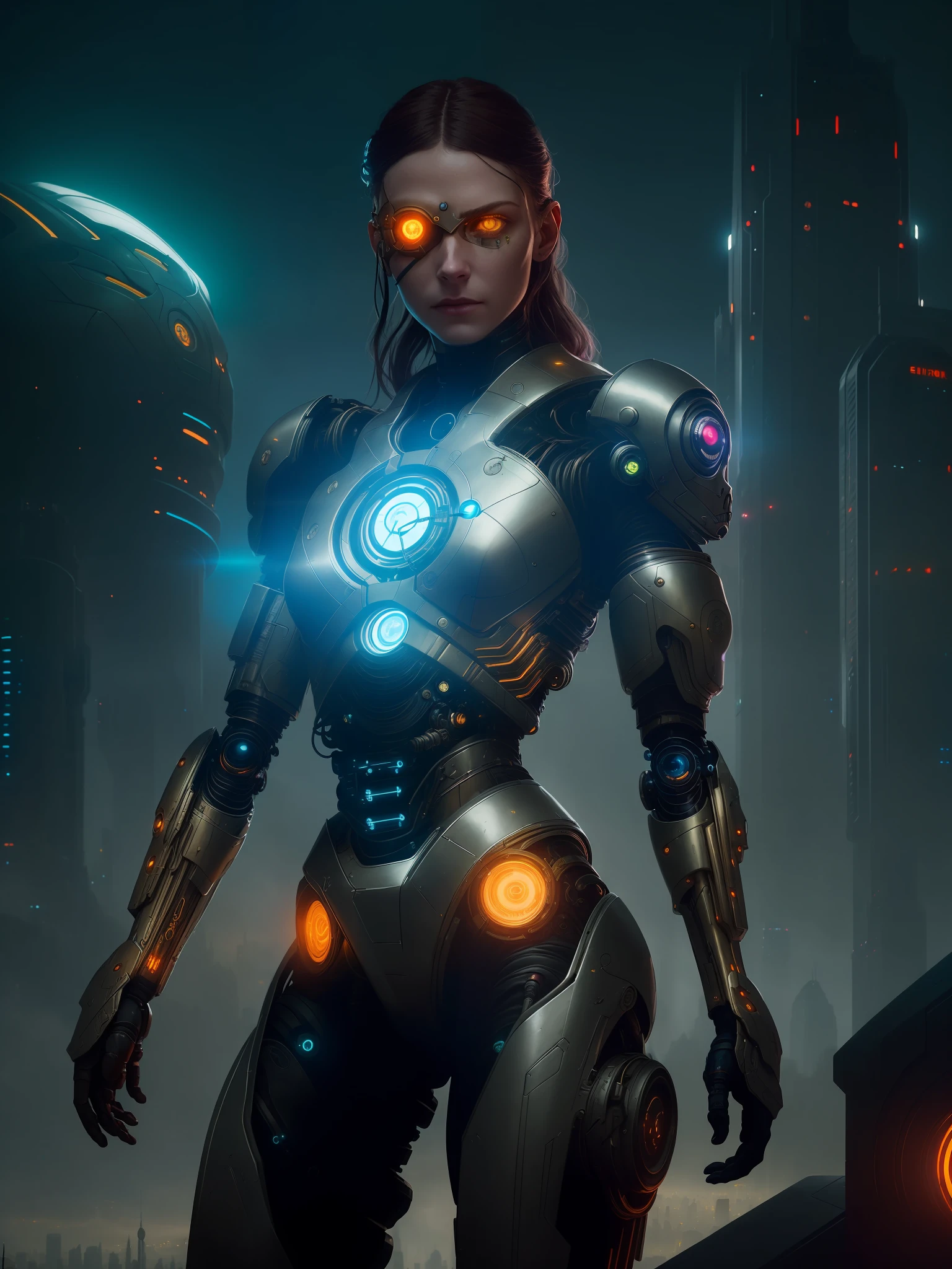 a sci-fi warrior with 1 cybernetic Eye patch augmentations with glowing yellow core, (highly detailed:1.2),(best quality:1.2),(8k:1.0),(emb-rrf-low:1.0),sharp focus,(award-winning photograph:1.2), (subsurface scattering:1.1)
(beautiful detailed young cyborg girl:1.2), (dynamic pose:1.2), neon glow, (detailed cybernetic eyes:1.1), close shot
(hyperrealistic:1.2), rpg, elden ring style, dramatic lighting, (highly detailed futuristic cityscape:1.2), (scifi:1.2),  professional portrait photography, by wlop greg rutkowski jeffrey simpson alphonse mucha