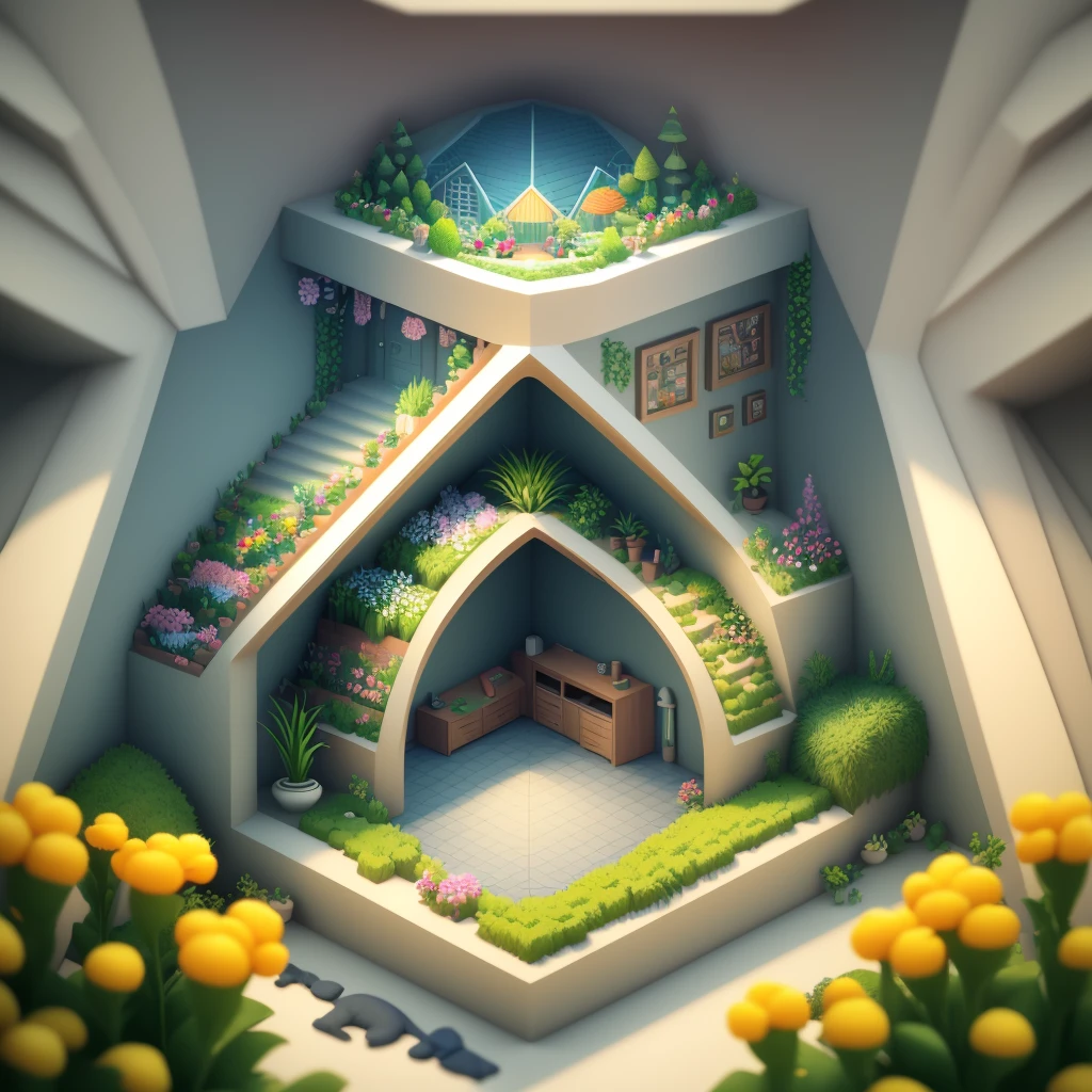 isometric style, detailed 2d illustration, poly art, stylized 3d rendering, room with plants, room of flowers, habitat of flowers, 3d stylized scene, 3d rendering, eye-sleeve trick 3d rendering, 3d illustration