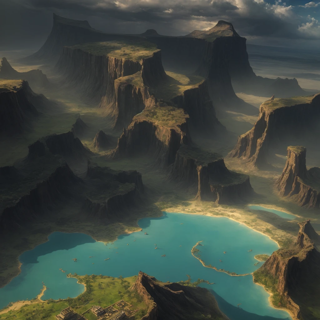 Alafid view of Big Island with river, woods, sandy beaches, grasslands, mesas, mountains, game map mask painting, concept art highly detailed, Final Fantasy VLL world concept, Dota frosted painting concept art, highly realistic concept art, Dota! Matte Painting Concept Art, Highly Detailed Concept Art, Conceptual World Art, Matte Painting Mysterious Dota Pixar, 3D Rendering and Matte Painting, Clean, Clear, Road Planning, Plot, Plot,