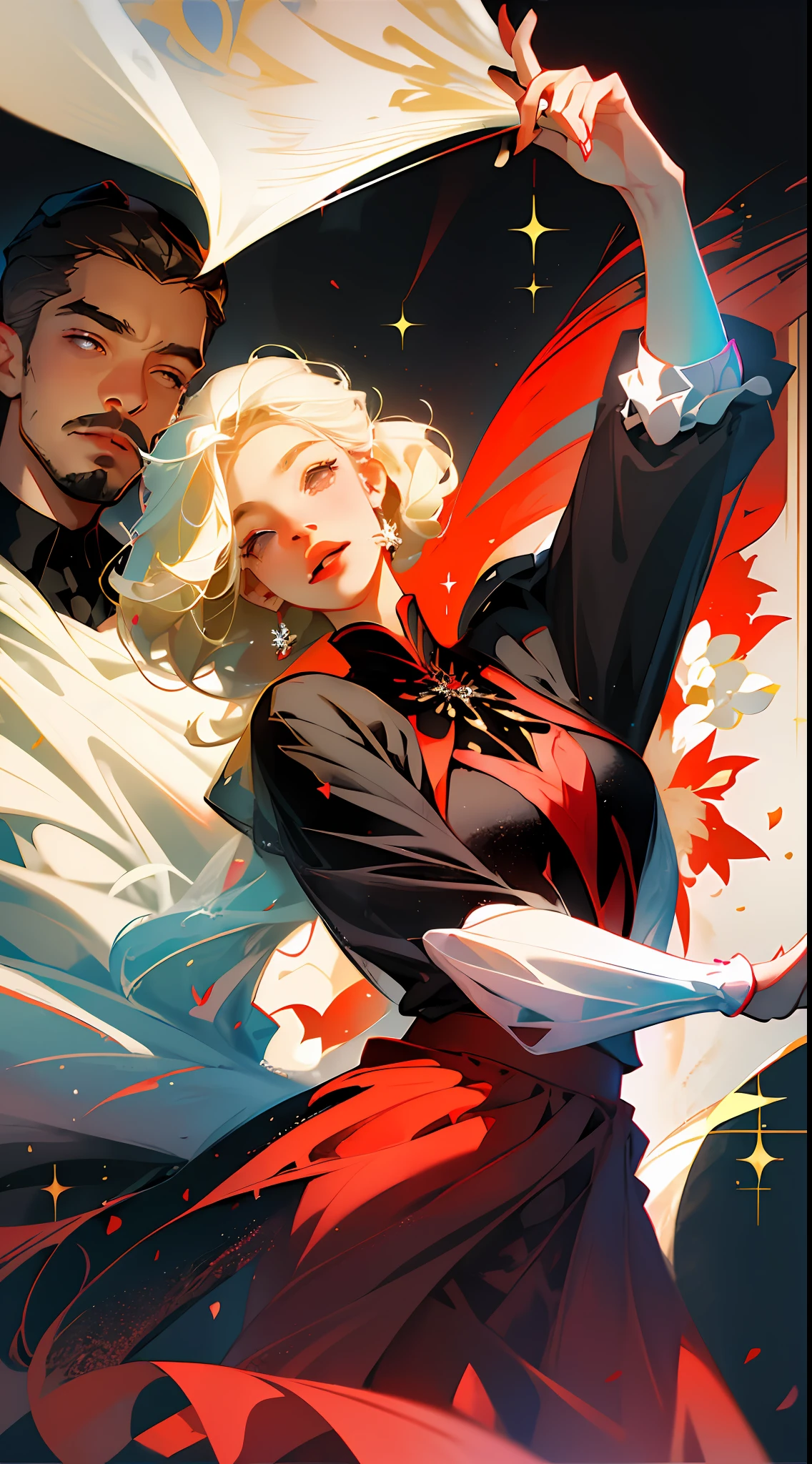 (Best quality, masterpiece), two figures, a man and a woman, blonde and a handsome man, black skirt, red embellishments, man in white, smiling, relaxing, dancing pose, elegant, particles, wind, flower, upper body, simple background, with gear elements, background is modern times --v 6