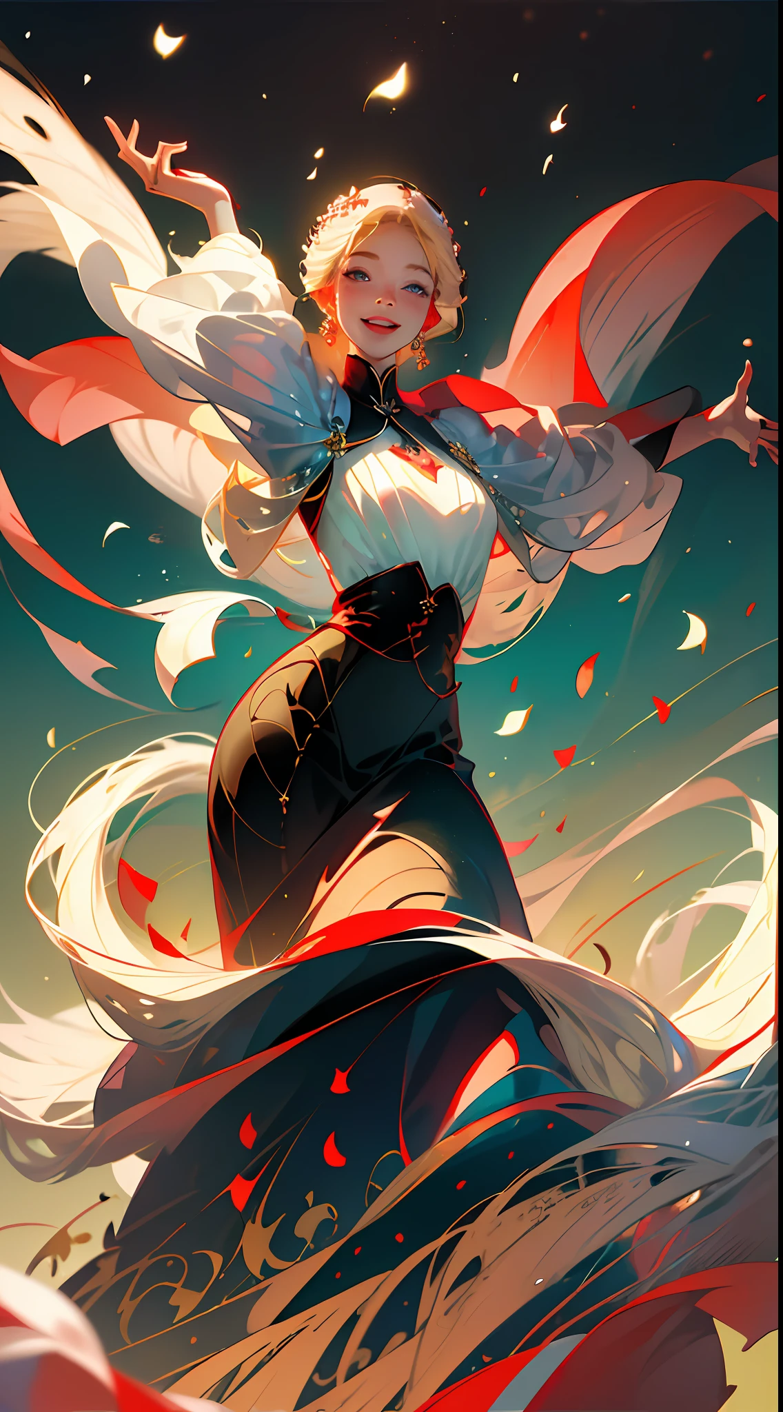 (Best quality, masterpiece), two figures, a man and a woman, blonde and a handsome man, black skirt, red embellishments, man in white, smiling, relaxing, dancing pose, elegant, particles, wind, flower, upper body, simple background, with gear elements, background is modern times --v 6