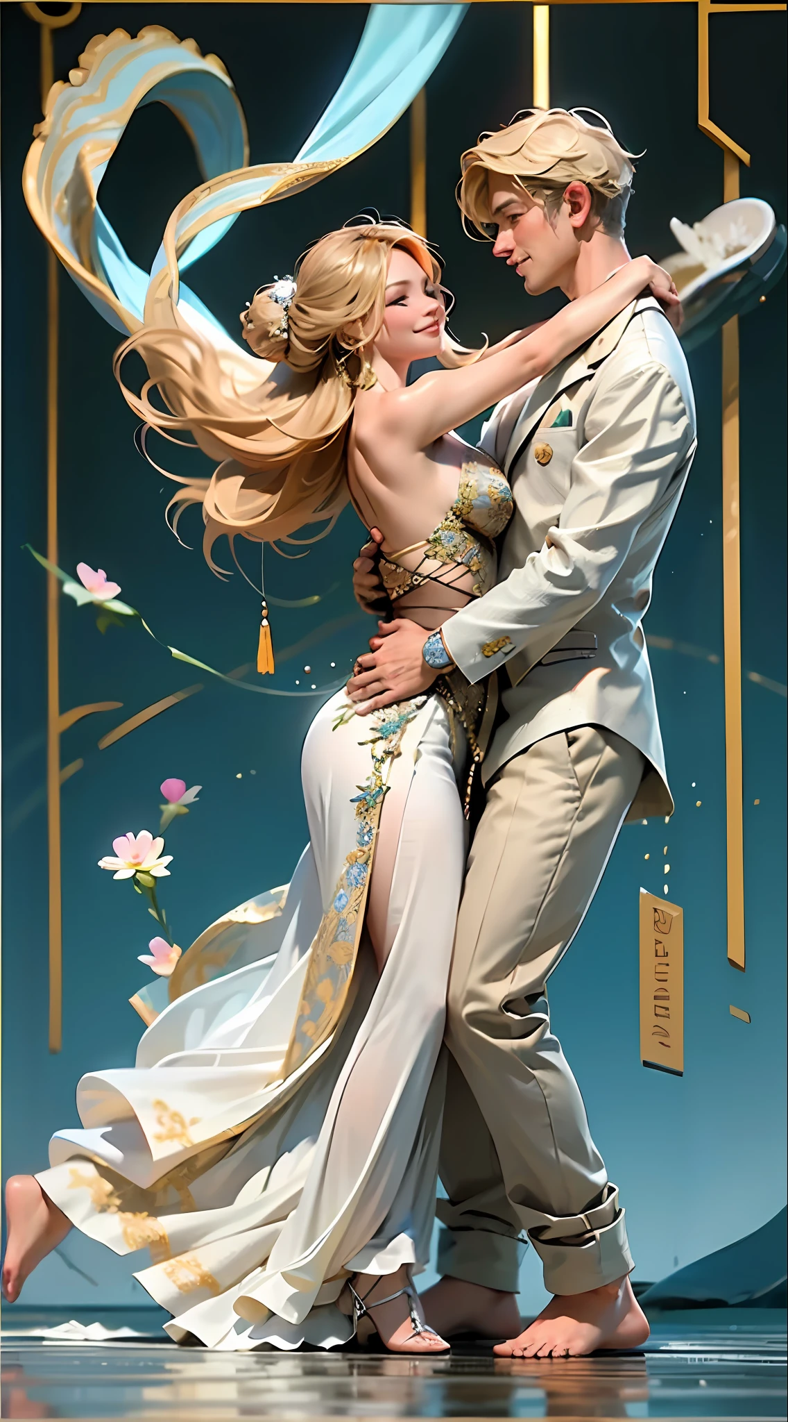 (Best quality, masterpiece), two figures, a man and a woman, blonde and a handsome man, smiling, relaxed, dancing pose, elegant, particles, wind, flowers, upper body, simple background with gear elements, background is modern times --v 6