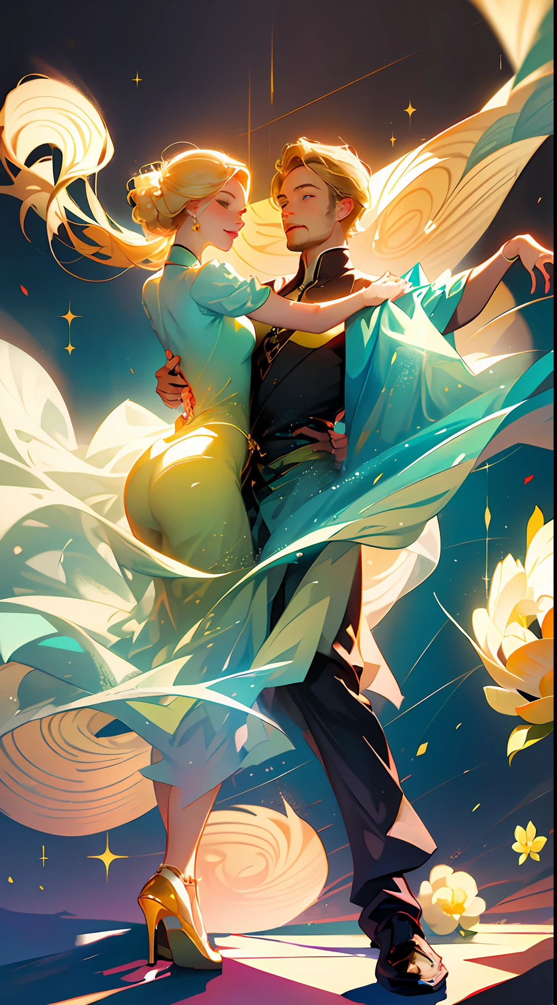 (Best quality, masterpiece), two figures, a man and a woman, blonde and a handsome man, smiling, relaxed, dancing pose, elegant, particles, wind, flowers, upper body, simple background with gear elements, background is modern times --v 6