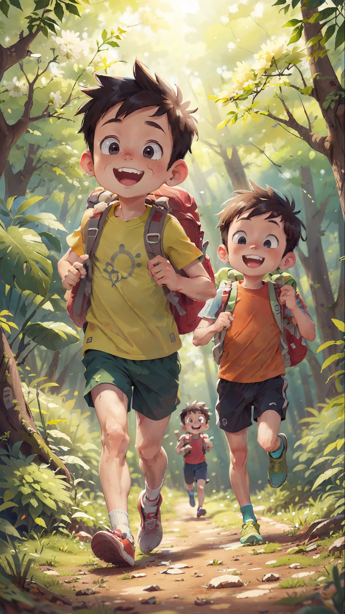 (SFW), two running boys, spring outing, happy, backpack on back, forest in the background, perfect quality, clear focus, colorful, perfect face, intricate details, ultra-low viewing angle, wide angle lens