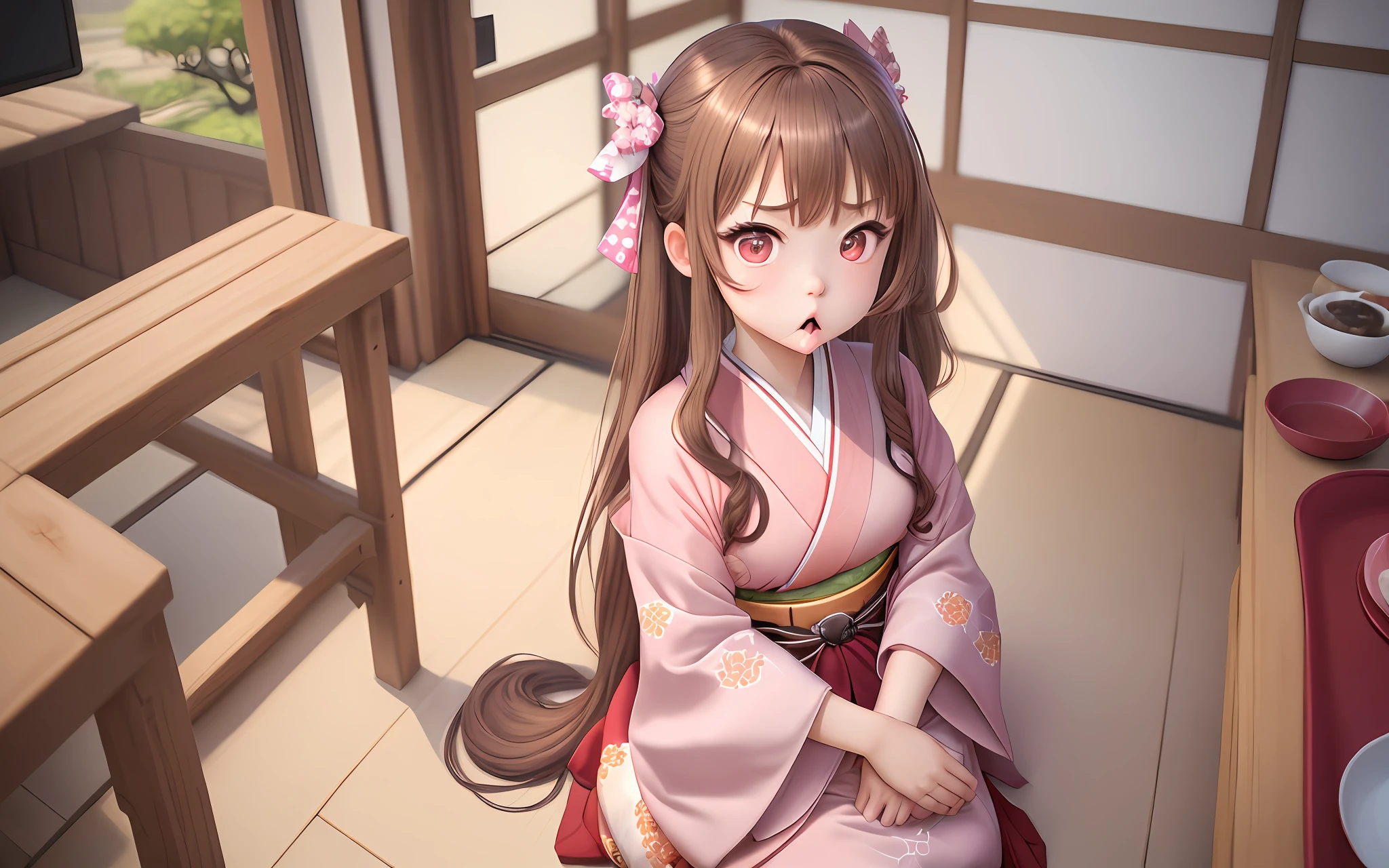 Masterpiece, best quality, high resolution, venus1, 1girl, solo, mazeko kamado, bamboo, brown hair, checkered belt, gag, gag, gradient hair, haori, japanese clothes, kimono, long hair, looking at the audience, pink eyes, pink kimono, pink ribbon, solo, frontal, sitting, cute, puffed cheeks, angry, wide eyes