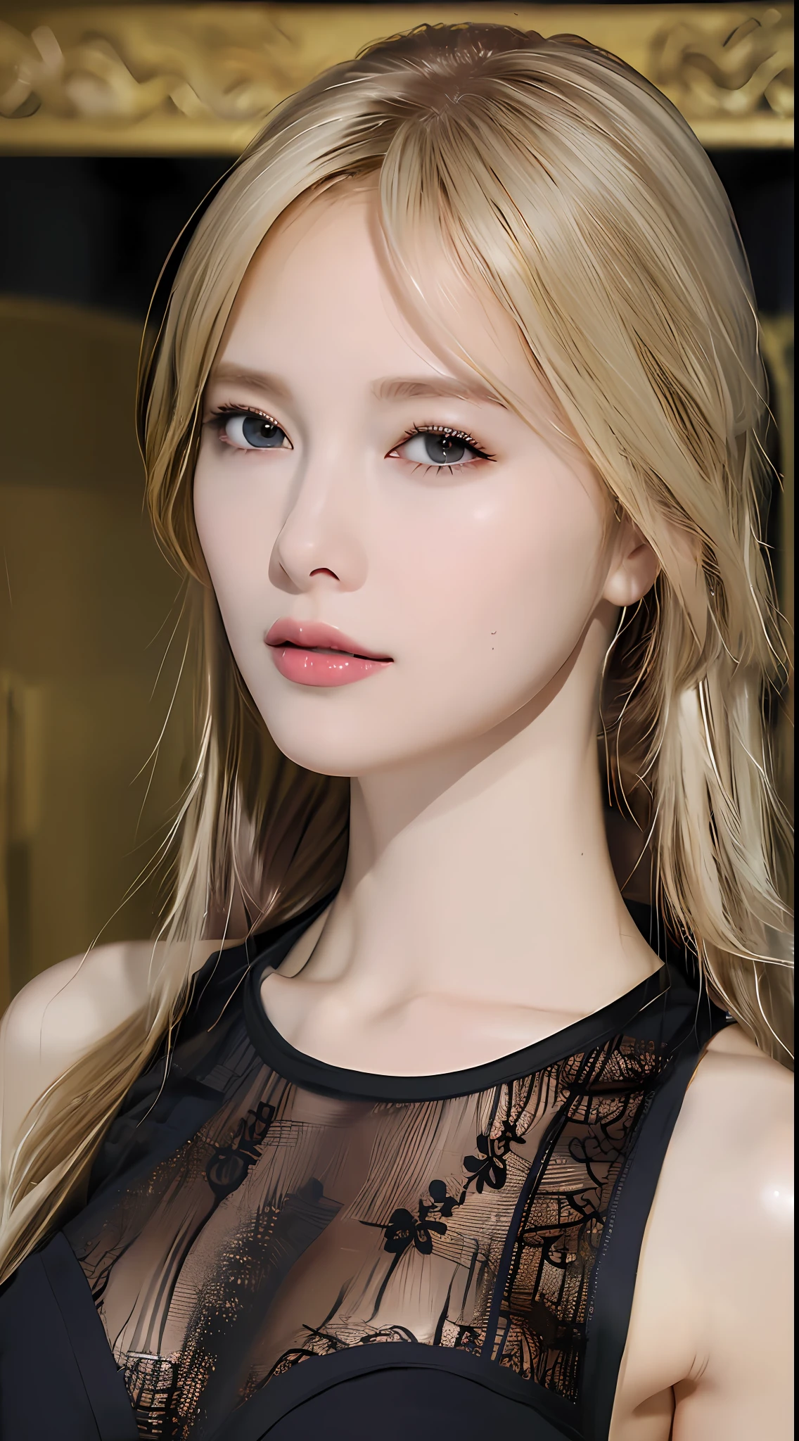 ((Best Quality, 8K, Masterpiece: 1.3)), Full Body, Focus Clear: 1.2, Outstanding Beauty: 1.4, Slender Abs: 1.2, ((Blonde, Big: 1.2)), Black Tank Top, Highly Detailed Face and Skin Texture, Detailed Eyes, Double Eyelids