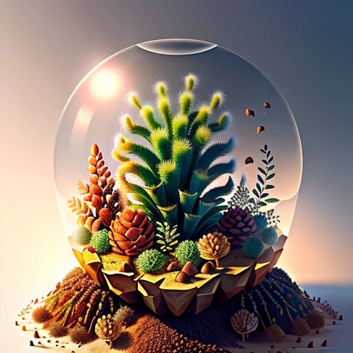 an anthill with plants, soil, acorns, fruits inside a clear crystal, realistic, hd