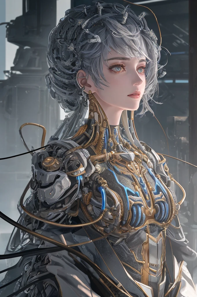 1mechanical girl,((ultra realistic details)), portrait, global illumination, shadows, octane render, 8k, ultra sharp,metal,intricate, ornaments detailed, cold colors, egypician detail, highly intricate details, realistic light, trending on cgsociety, glowing eyes, facing camera, neon details, machanical limbs,blood vessels connected to tubes,mechanical vertebra attaching to back,mechanical cervial attaching to neck,sitting,wires and cables connecting to head