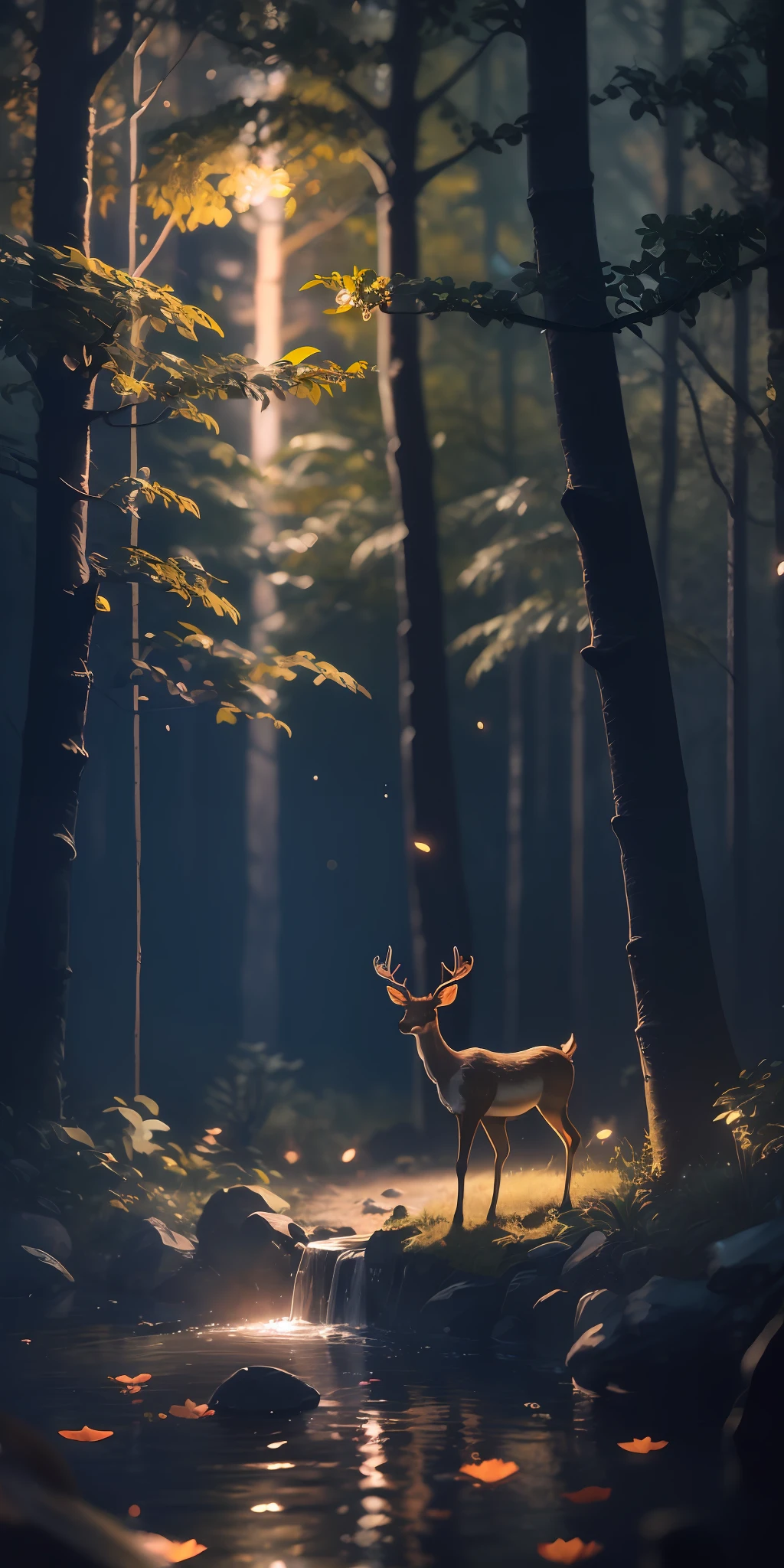 Masterpiece, best quality, (very detailed CG unified 8k wallpaper), (best quality), (best illustration), (best shadow), glowing elf with a glowing deer, drinking water in the pool, natural elements in forest theme. Mysterious forest, beautiful forest, nature, surrounded by flowers, delicate leaves and branches surrounded by fireflies (natural elements), (jungle theme), (leaves), (branches), (fireflies), (particle effects) and other 3D, Octane rendering, ray tracing, super detailed --v6, deer