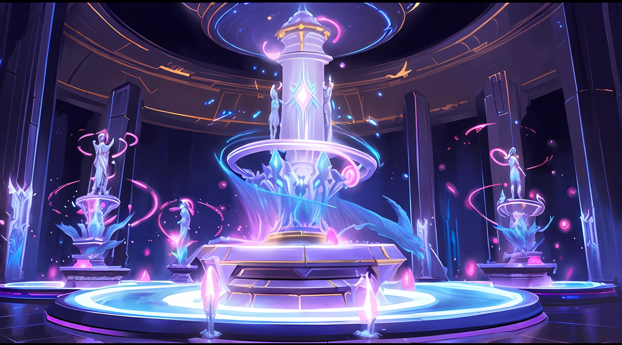 ((Immortal Fountain)| (Glow Concept Art)), Light Shining, Unique Magic Background, Neon Effect, Colorful Fantasy, Stylized Metaverse, Magnificent Arena, League of Legends Concept Art with Shadows, Smooth Graphics Full of Details, Ultra Concept Art Rendering