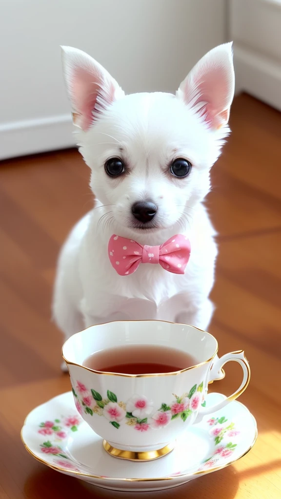 Cute little white Chihuahua in a teacup, big eyes, 8k, delicate, clear, (((real)), paws sticking out of teacup, sticking out tongue, ((cute)), ((small)), professional photographer, professional photography, (((hair is fluffy)), antique and stylish teacups and plates, (face sticking out of teacup), indoors, sunlight, light leak, Reality like photo, ribbon, wearing scrunchies on ears, white, like photo