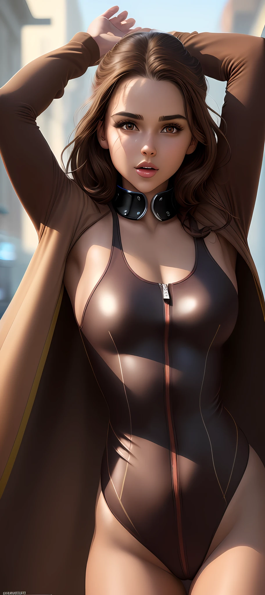 "Complete art masterpiece, high quality, ultra detailed in 4k, 8k, high resolution, hyper-realistic photo, hyper-detailed, realistic skin texture, amazing shadows, extremely detailed texture, perfect lighting, high-level image quality." A female heroine, (Brown skin, brown hair, outlined eyes, outlined face, collar, toned thin body, small boobs), wearing a superhero onepiece suit, running on the road