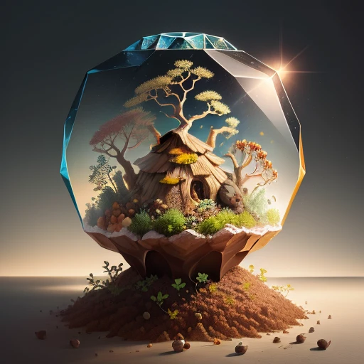 an anthill with plants, soil, acorns, fruits inside a clear crystal, realistic, hd
