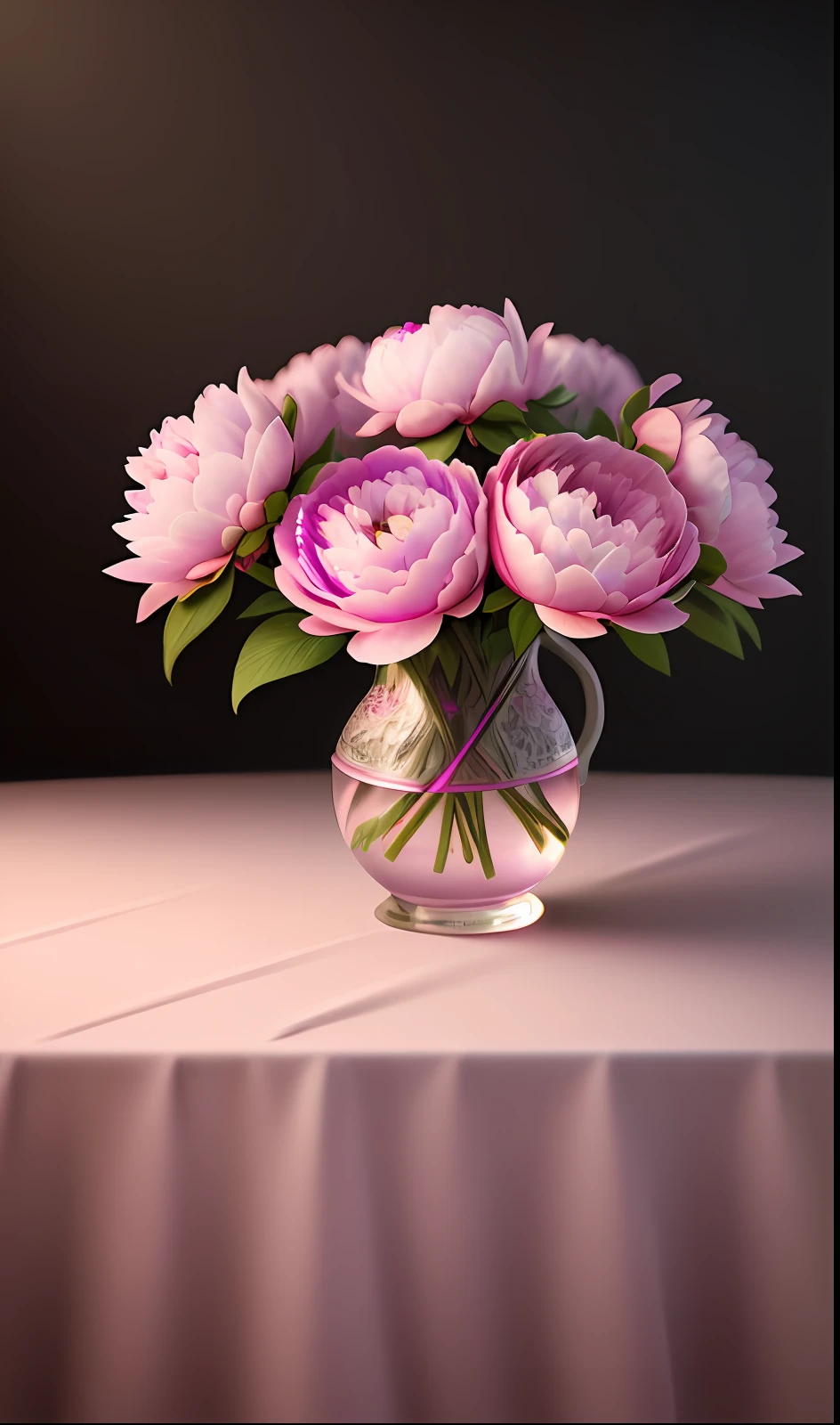 highly detailed, hyper-realistic, still life with pink and violet peonies flowers, highly detailed, 3d, octane render, bright colors, digital painting, trending on artstation, sharp focus,