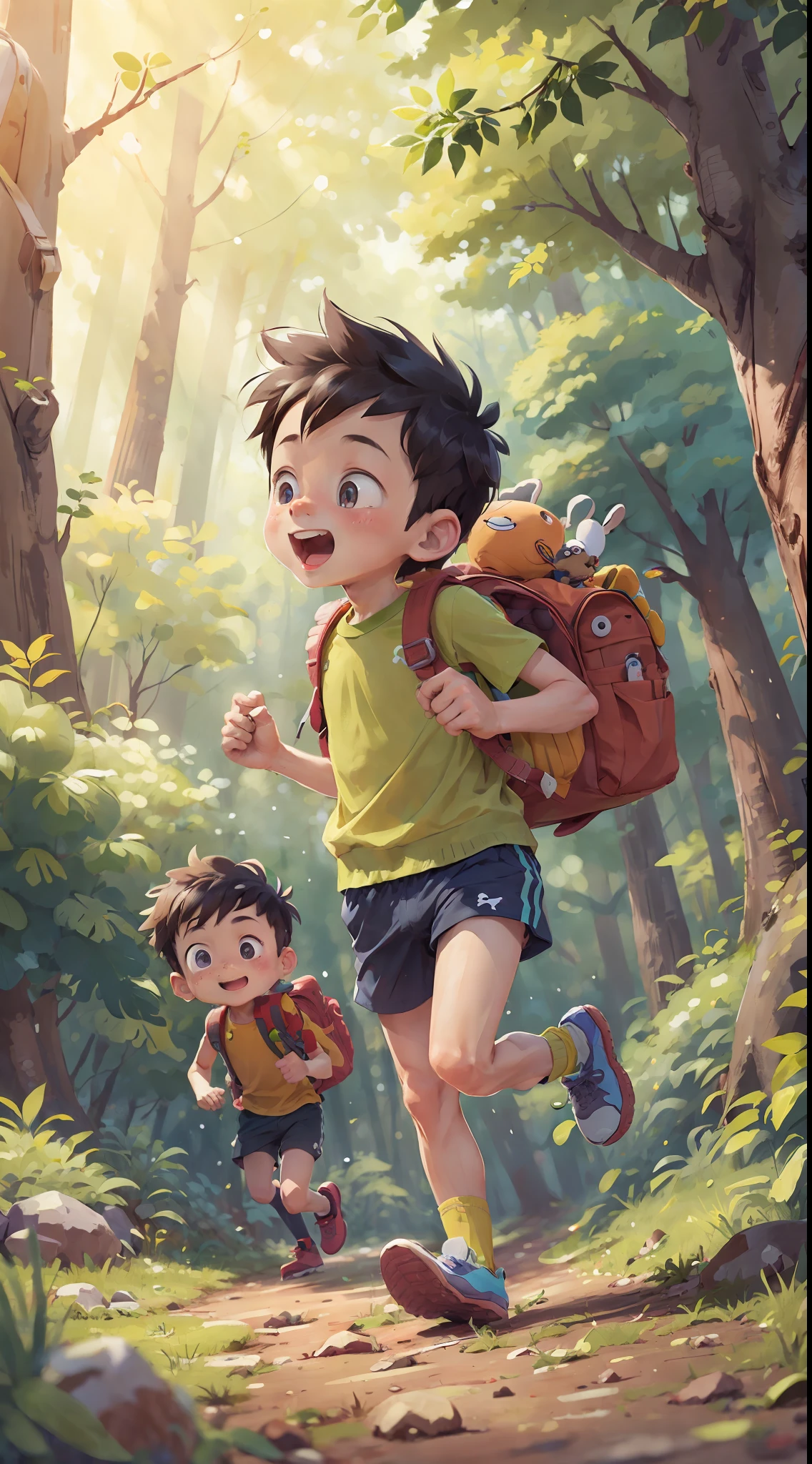 (SFW), two running boys, spring outing, happy, backpack on back, little car toy in hand, forest in the background, perfect quality, clear focus, colorful, perfect face, intricate details, ultra-low viewing angle, wide angle lens