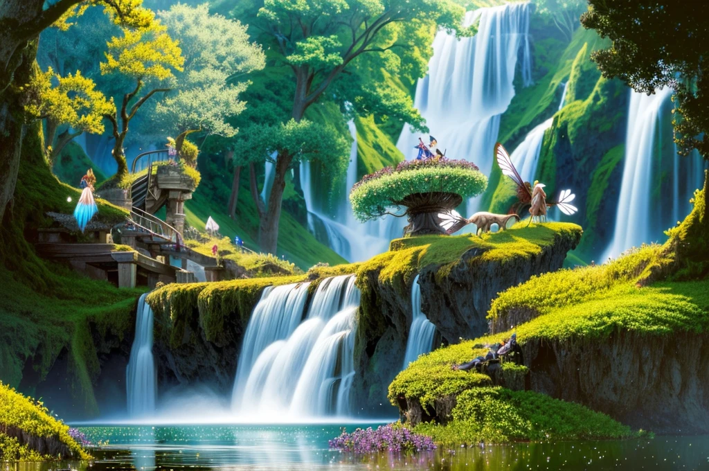 (fairy tale world), castles, floating island waterfalls, all kinds of magical creatures. Beautiful fairies, knights, flying elves, dwarfs. Mysterious forests, enchanted castles, fabulous kingdoms. Realism, chiaroscuro, cinematic lighting, 135mm, panorama, best quality, high details, UHD, masterpiece