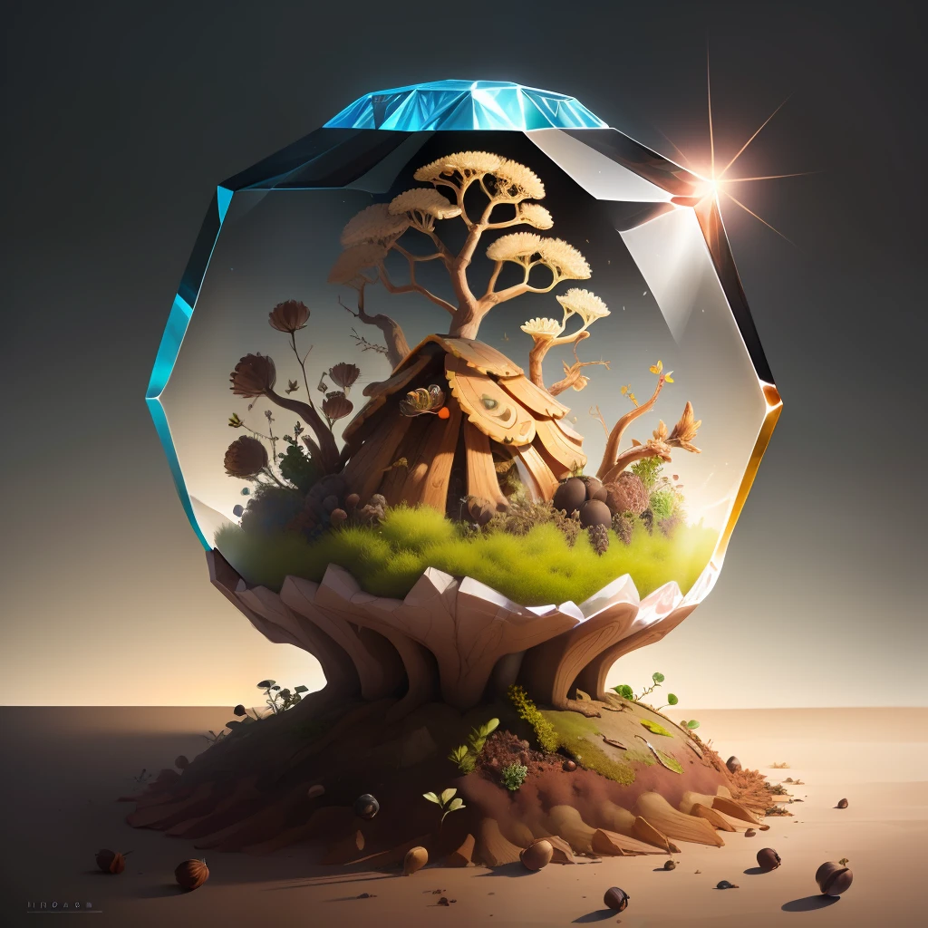 an anthill with plants, soil, acorns, fruits inside a clear crystal, realistic, hd
