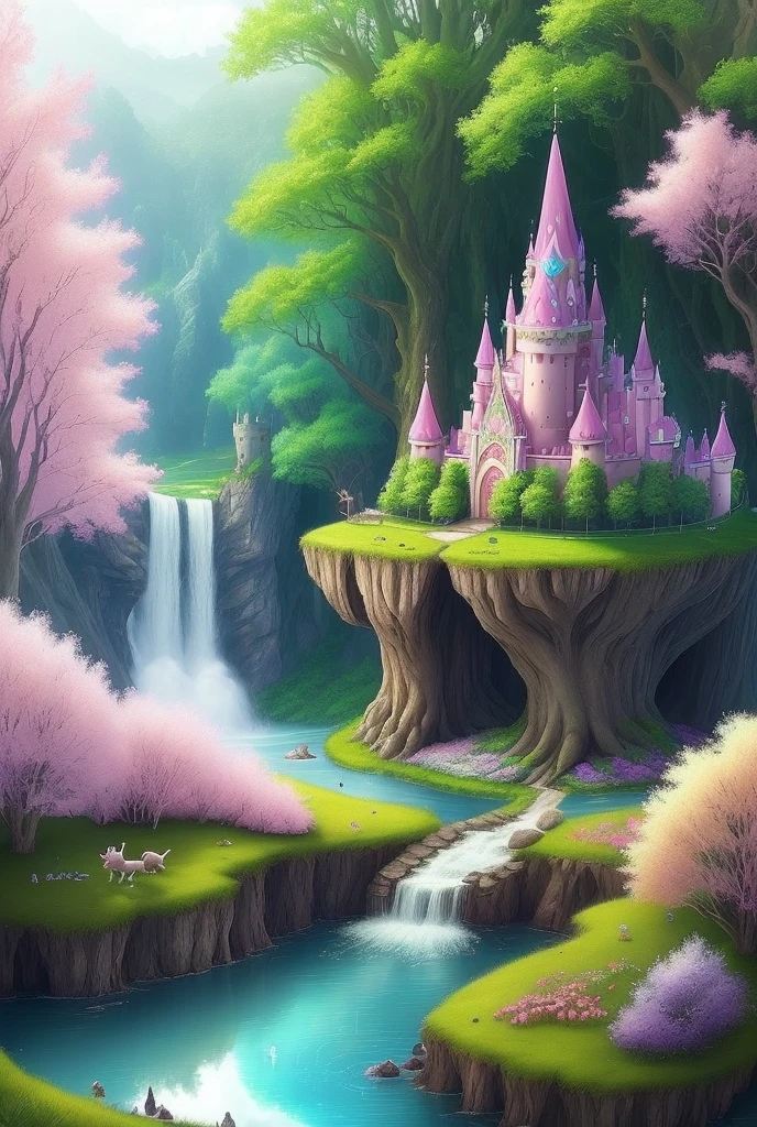 The theme of the fairy tale world, Ragnarok, uses bright, bright, pastel colors such as pink, blue, green, yellow, etc., fairy tale world, dream atmosphere. Princesses, cats, critters, etc. Scenes from fairy tale worlds, forests, castles, lakes, gardens, sky clouds, vivid. Dreamy, mysterious - V6