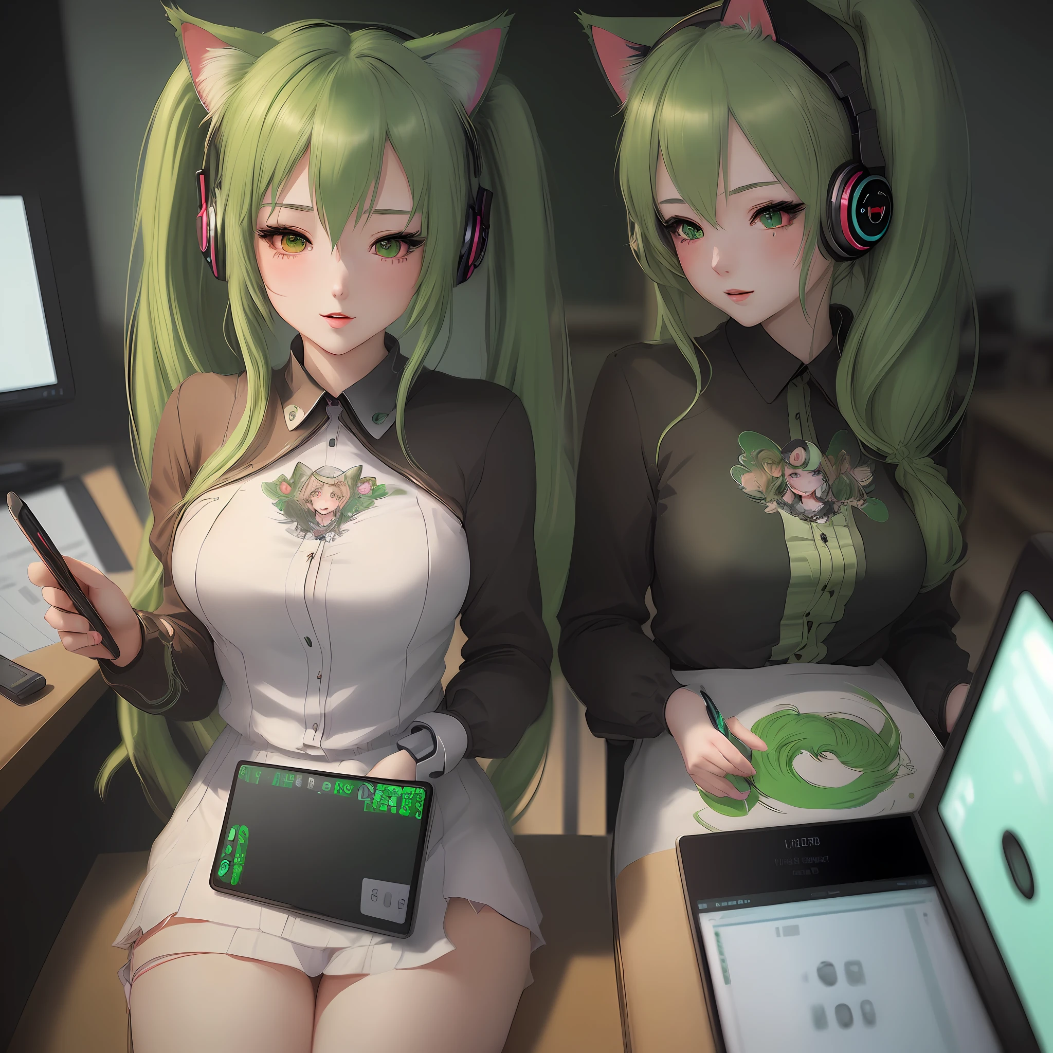 (masterpiece: 1.5),(best quality:1.5),(ultra-detailed:1.5),illustration,anime photo, a woman (1:2) twin-tails Green hair, red eyes, blush, listening to music with cat ears headset, behind a tablet, detailed hacker workplace
