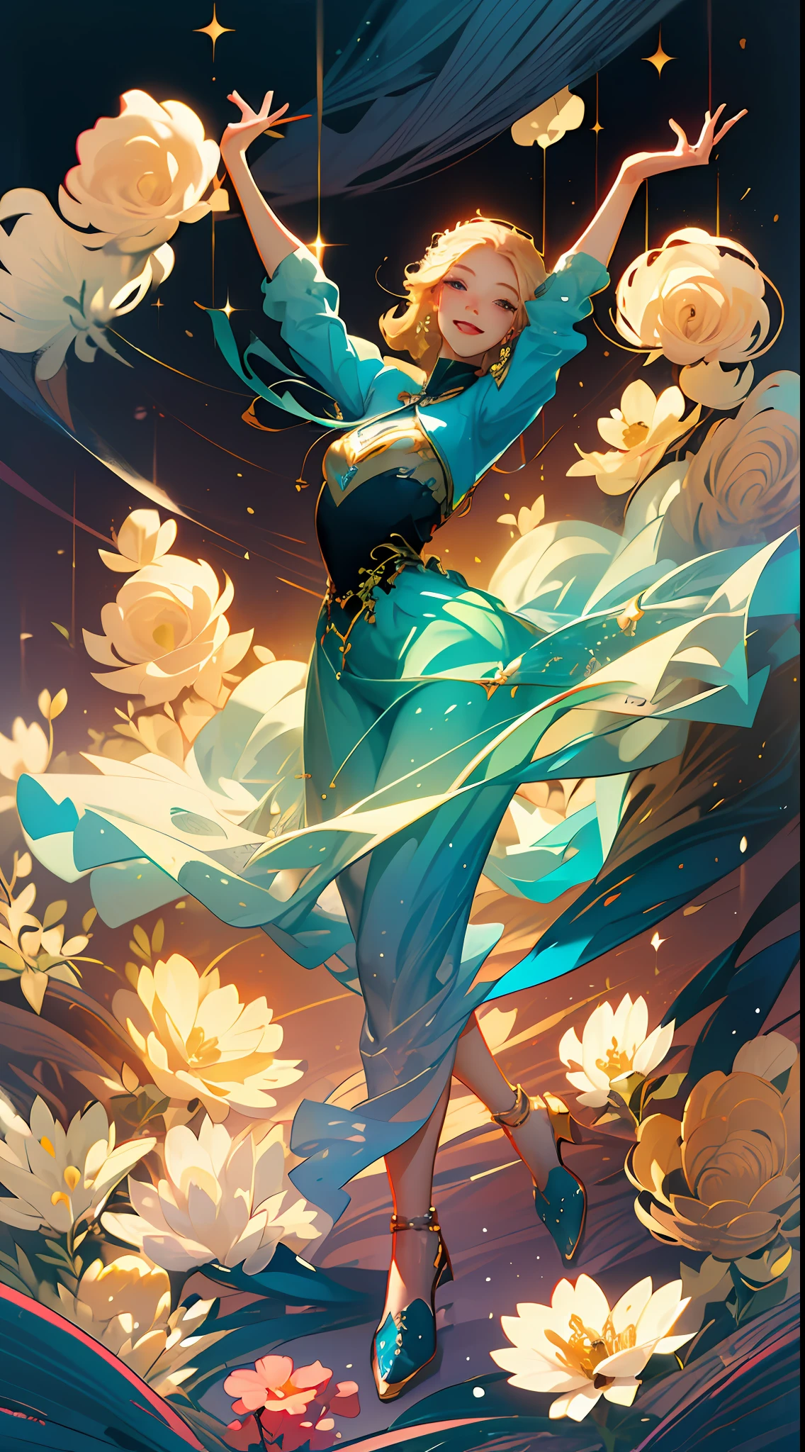 (Best quality, masterpiece), two figures, a man and a woman, blonde and a handsome man, smiling, relaxed, dancing pose, elegant, particles, wind, flowers, upper body, simple background with gear elements, background is modern times --v 6