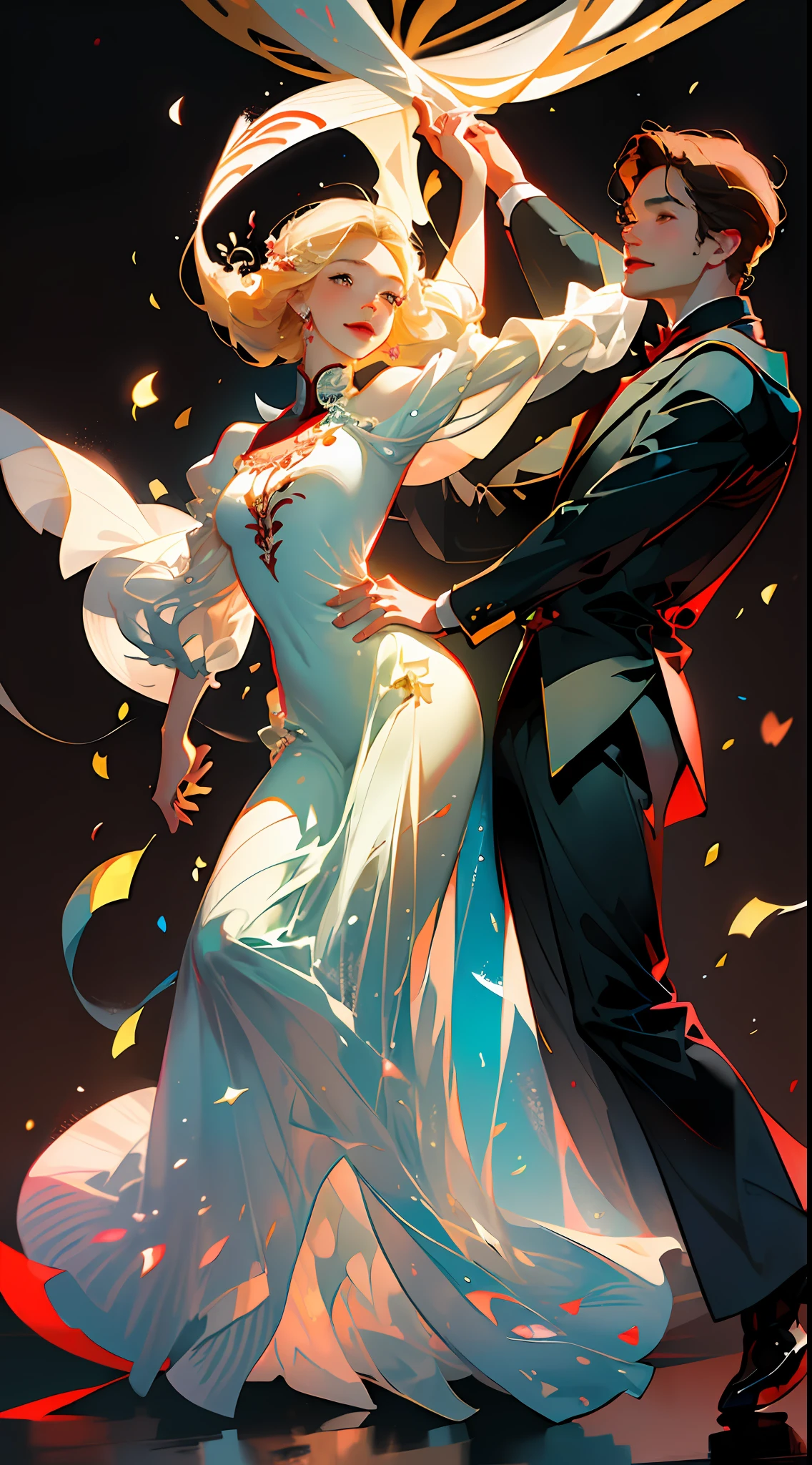 (Best quality, masterpiece), two figures, a man and a woman, blonde and a handsome man, black skirt, red embellishments, man in white, smiling, relaxing, dancing pose, elegant, particles, wind, flower, upper body, simple background, with gear elements, background is modern times --v 6