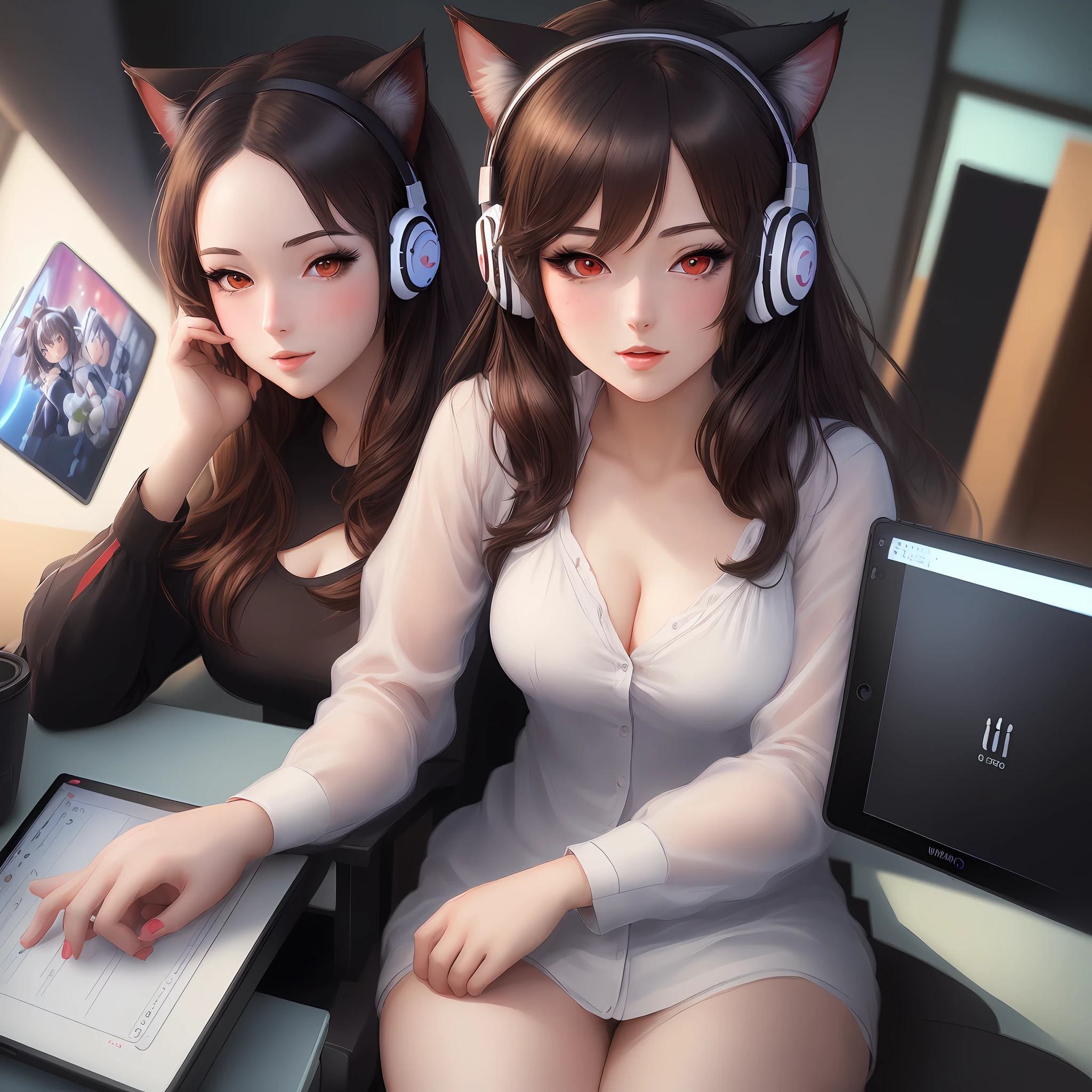 (masterpiece: 1.5),(best quality:1.5),(ultra-detailed:1.5),illustration,anime photo,1woman (1:2) rwin tails, dark hair, red eyes, blush, listening to music with cat ears headset, behind a tablet, hacker workplace