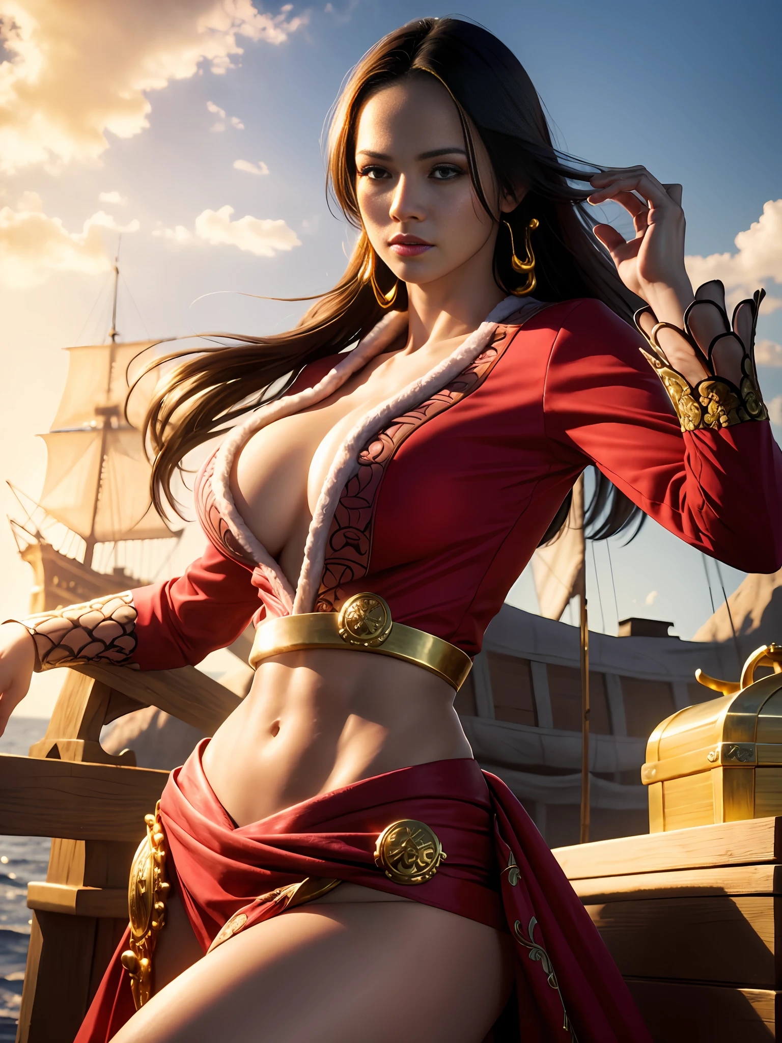 extremely beautiful hancock1, boa hancock, subtle makeup, golden hour, photorealistic, high contrast, 8k HD, detailed, hyper-detailed, realistic skin texture, long hair, crop top, side slit, long sleeves, large breast, best quality, ultra high res, raw photo, dramatic lighting, unreal engine, diffuse glow, dynamic pose, outdoor, realistic detailed pirate ship, treasure chest, gold, gold coins, gold bars.