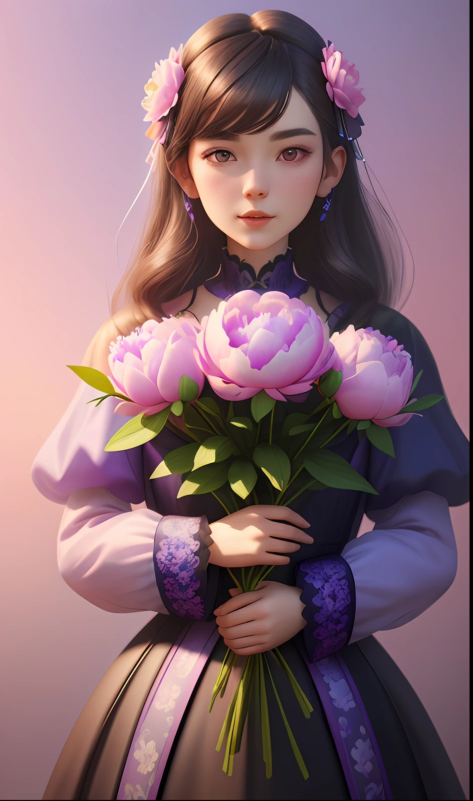 many peony flowers pink and violet, blue background, highly detailed, hyper-realistic, 3d, octane render, bright colors, digital painting, trend in artstation, sharp focus,