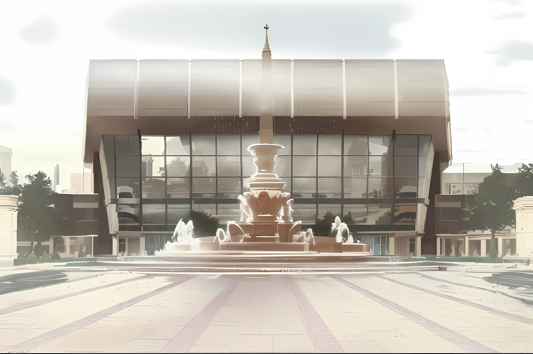 Large building with a fountain in front of it in an architectural sketch style