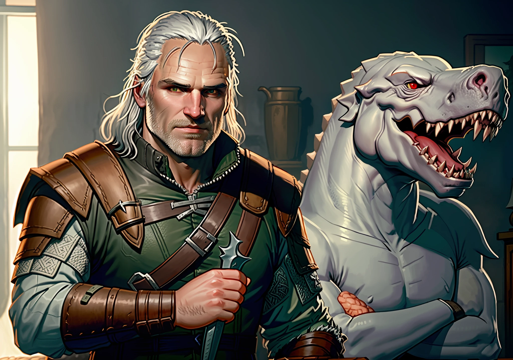 Geralt of Rivia decapitating a white anthropomorphic dinosaur