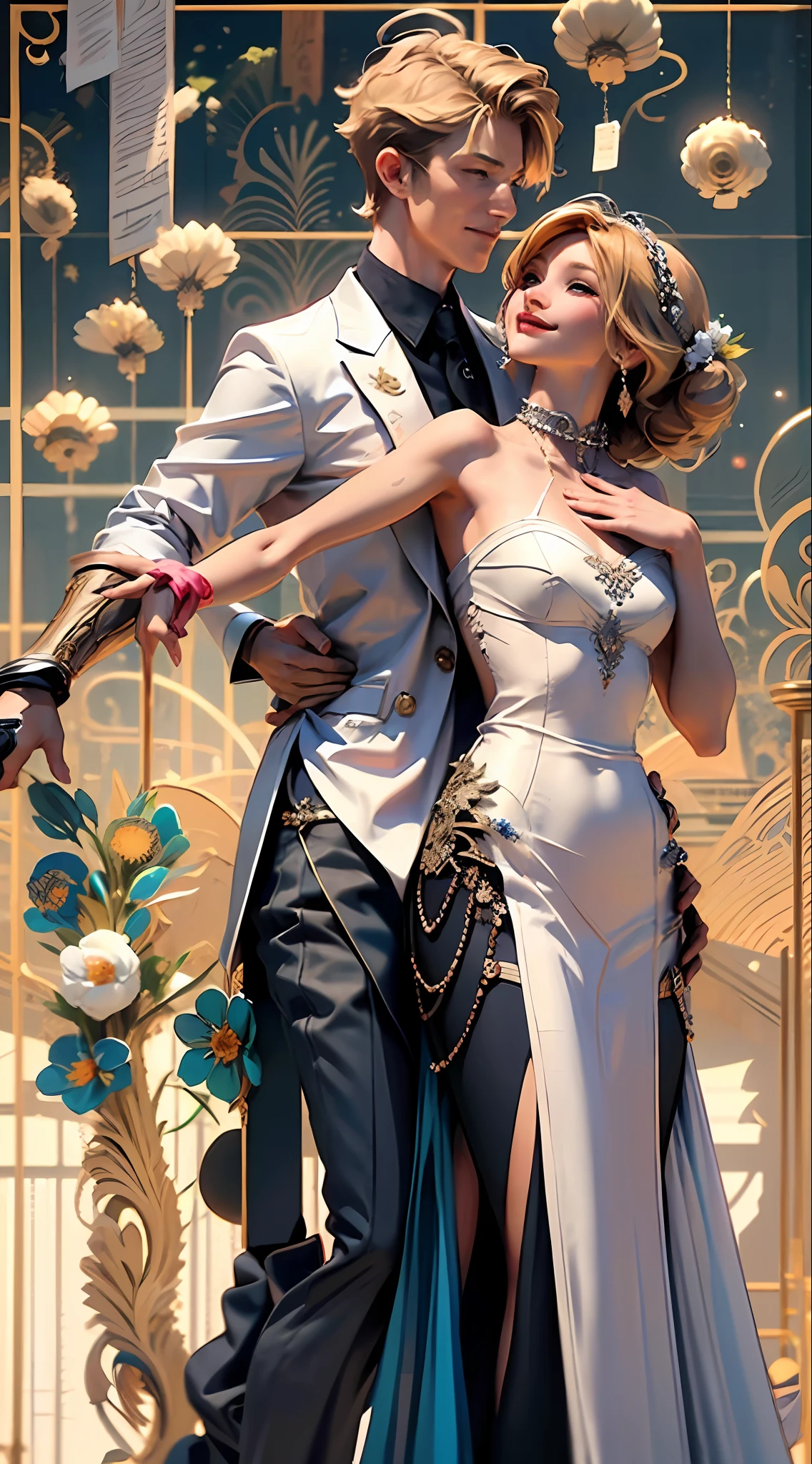 (Best quality, masterpiece), two figures, a man and a woman, blonde and a handsome man, smiling, relaxed, dancing pose, elegant, particles, wind, flowers, upper body, simple background with gear elements, background is modern times --v 6