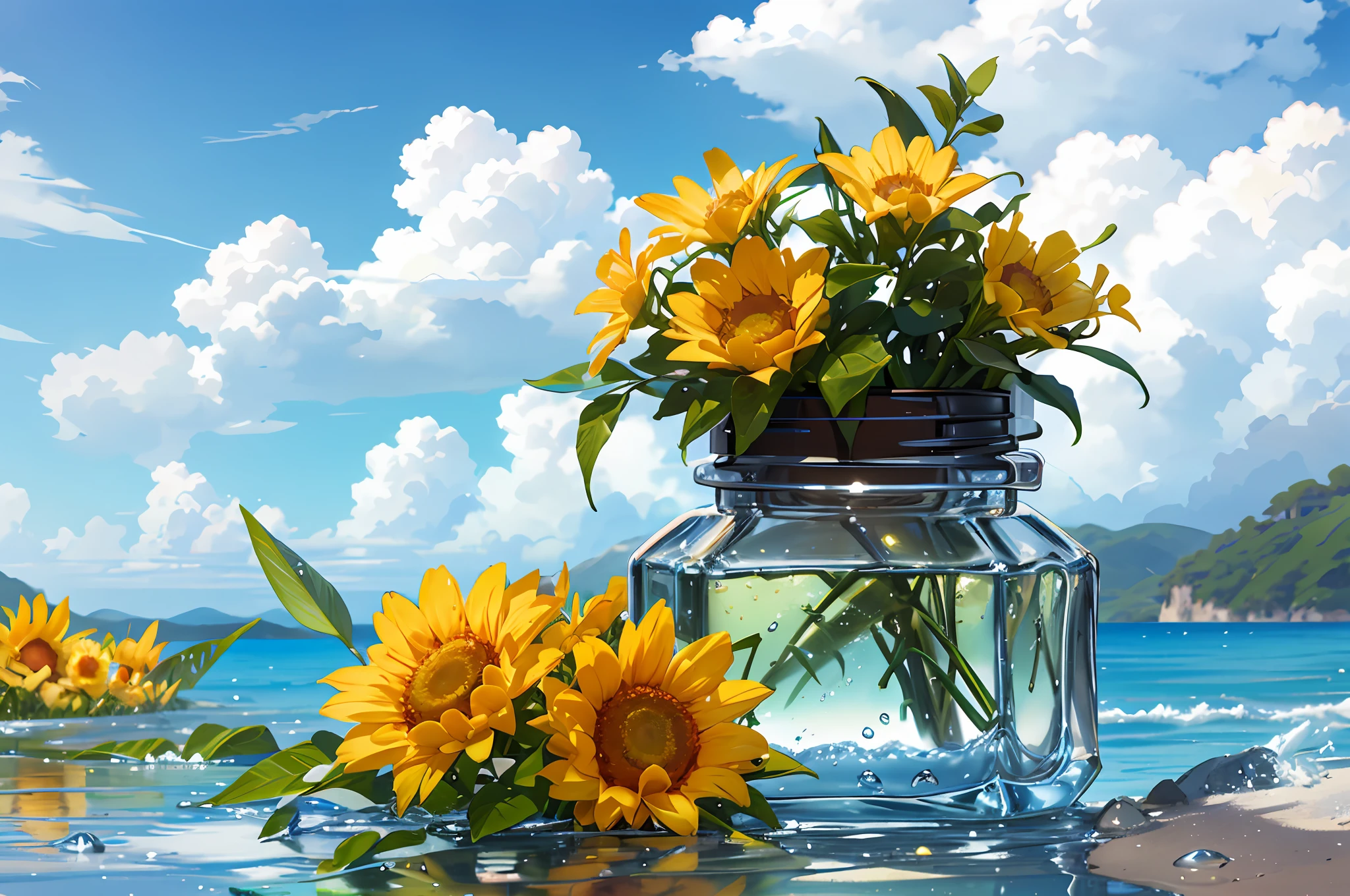 Hyper realistic scene, cosmetic bottle surrounded by yellow flowers, blue sky background, water, sunlight, low angle view, blender, product rendering, HD 8K. --v6