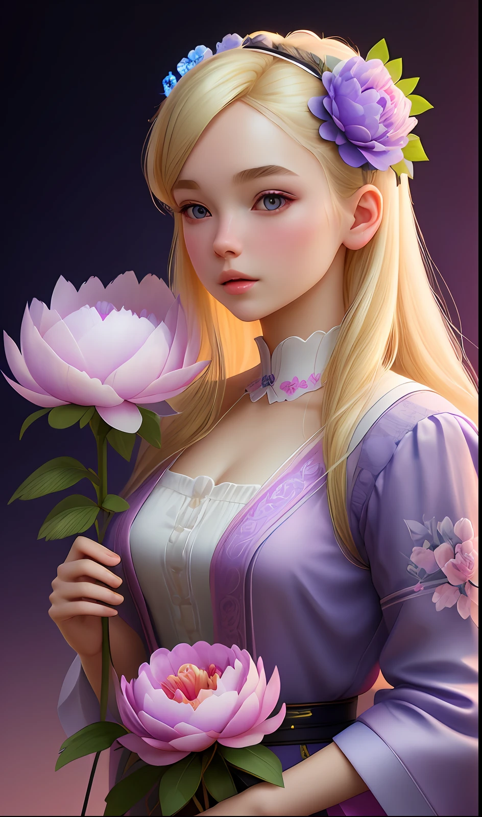 Young very blonde and many peony flowers pink and violet, blue background, highly detailed, hyper-realistic, 3D, octane render, bright colors, digital painting, trend in artstation, sharp focus,