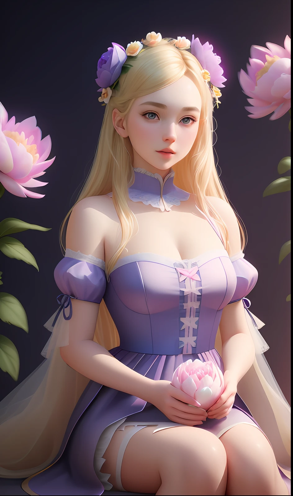 Young very blonde and many peony flowers pink and violet, blue background, highly detailed, hyper-realistic, 3D, octane render, bright colors, digital painting, trend in artstation, sharp focus,