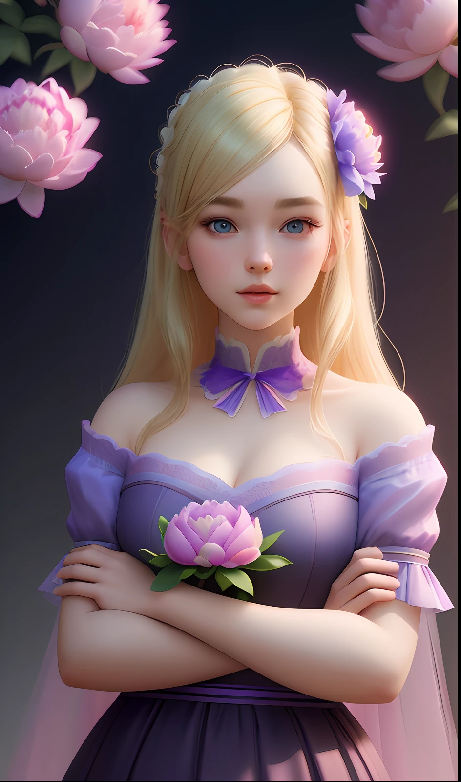 Young very blonde and many peony flowers pink and violet, blue background, highly detailed, hyper-realistic, 3D, octane render, bright colors, digital painting, trend in artstation, sharp focus,
