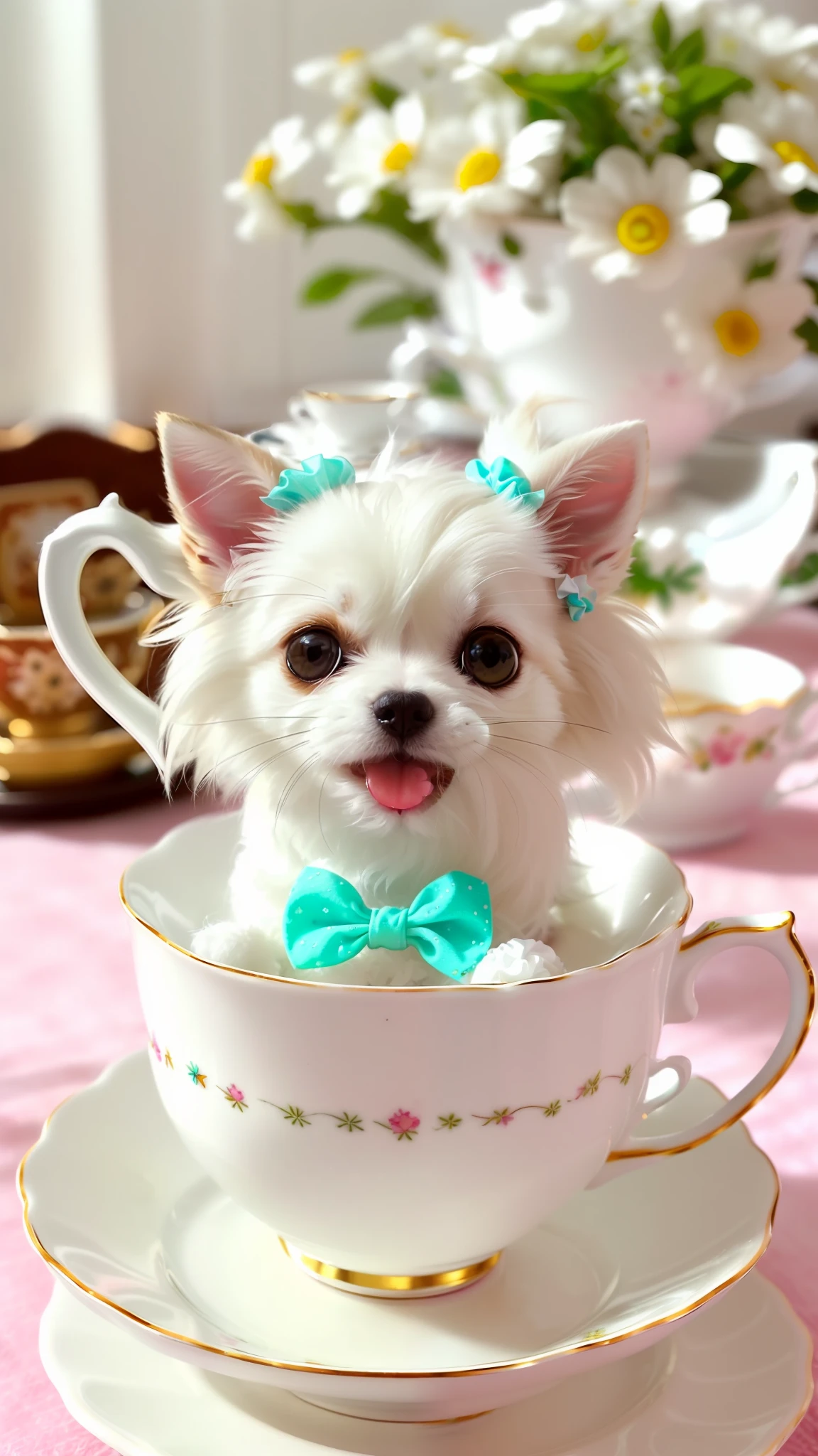 Cute little white Chihuahua in a teacup, big eyes, 8k, delicate, clear, (((real)), paws sticking out of teacup, sticking out tongue, ((cute)), ((small)), professional photographer, professional photography, (((hair is fluffy)), antique and stylish teacups and plates, (face sticking out of teacup), indoors, sunlight, light leak, Reality like photo, ribbon, wearing scrunchies on ears, white, like photo
